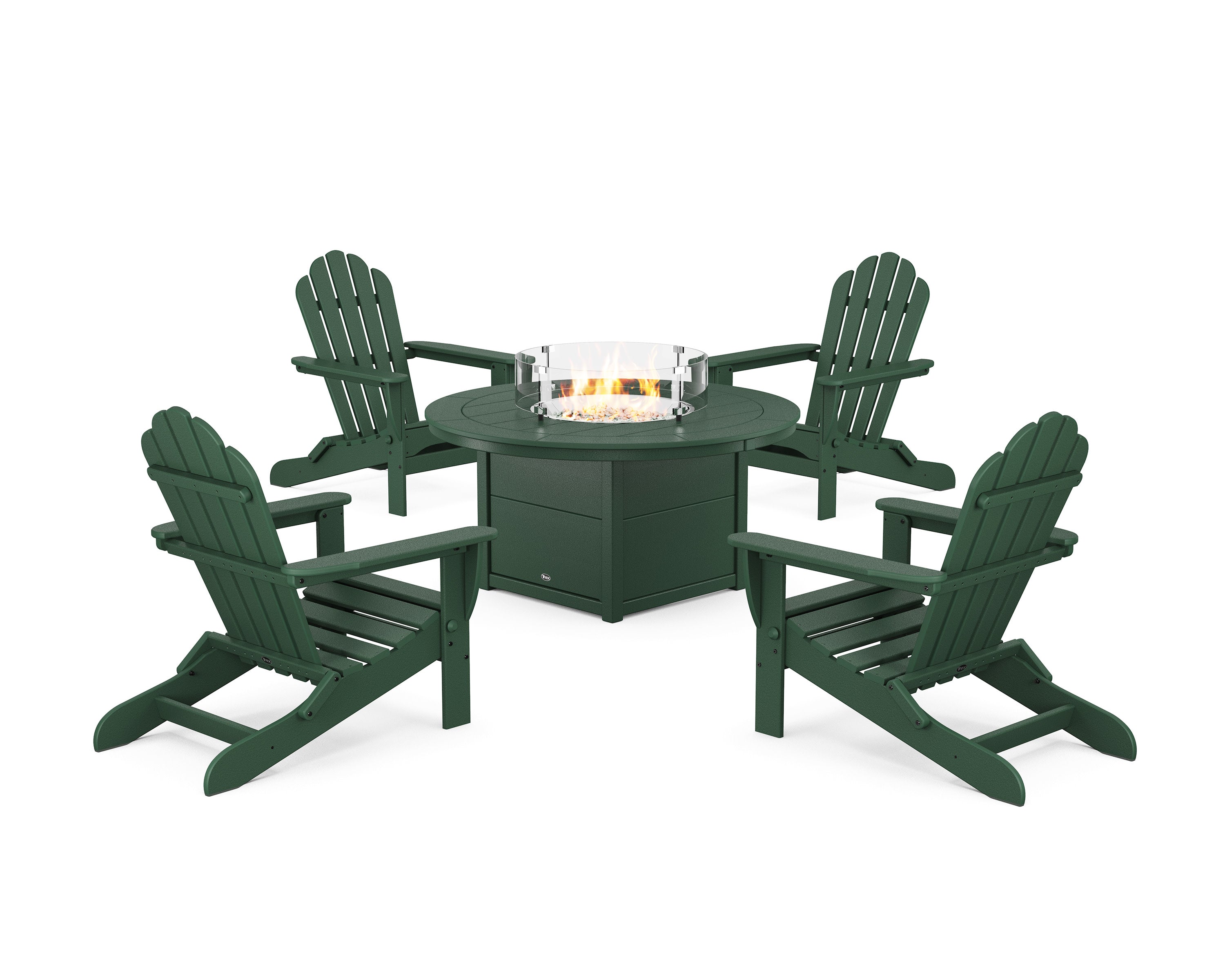 5-Piece Monterey Bay Folding Adirondack Conversation Set with Fire Pit Table in Rainforest Canopy