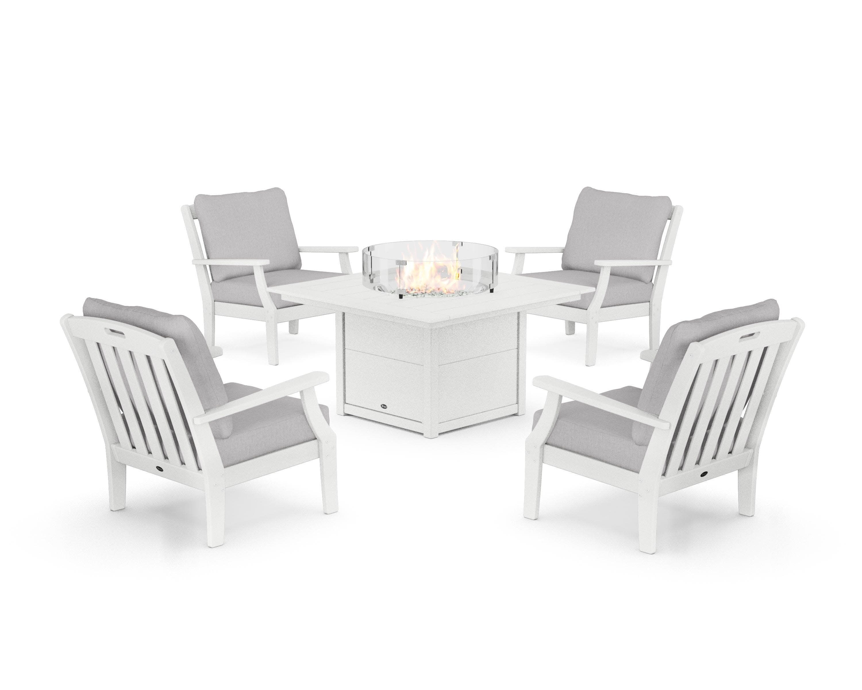Yacht Club 5-Piece Deep Seating Set with Square Fire Pit Table in Classic White / Granite