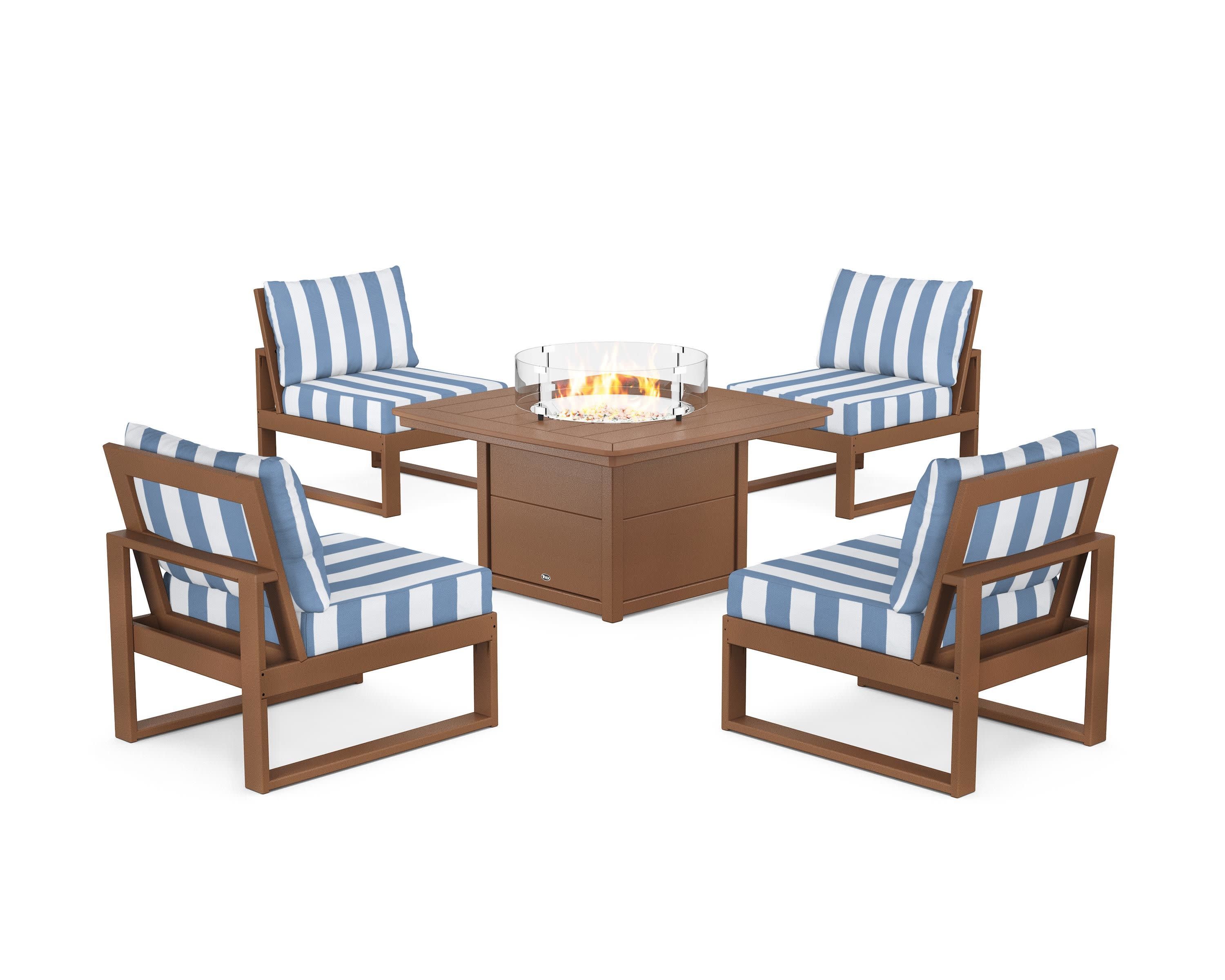 Eastport Modular 5-Piece Deep Seating Set with Yacht Club Fire Pit Table in Tree House / Cabana Stripe Sky Blue