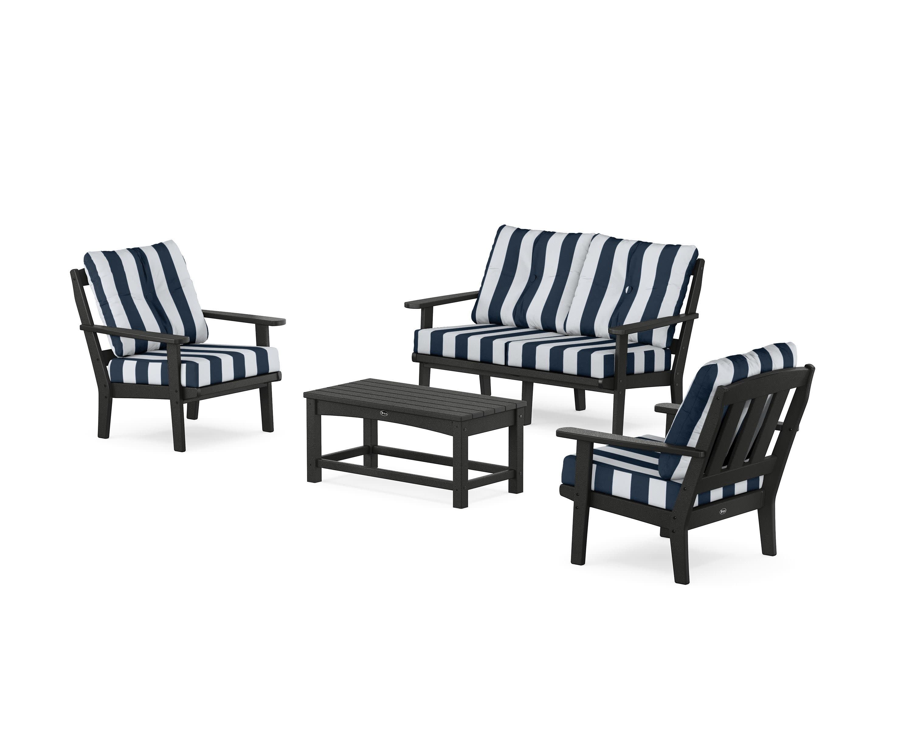 Cape Cod 4-Piece Deep Seating Set with Loveseat in Charcoal Black / Cabana Stripe Marine Indigo