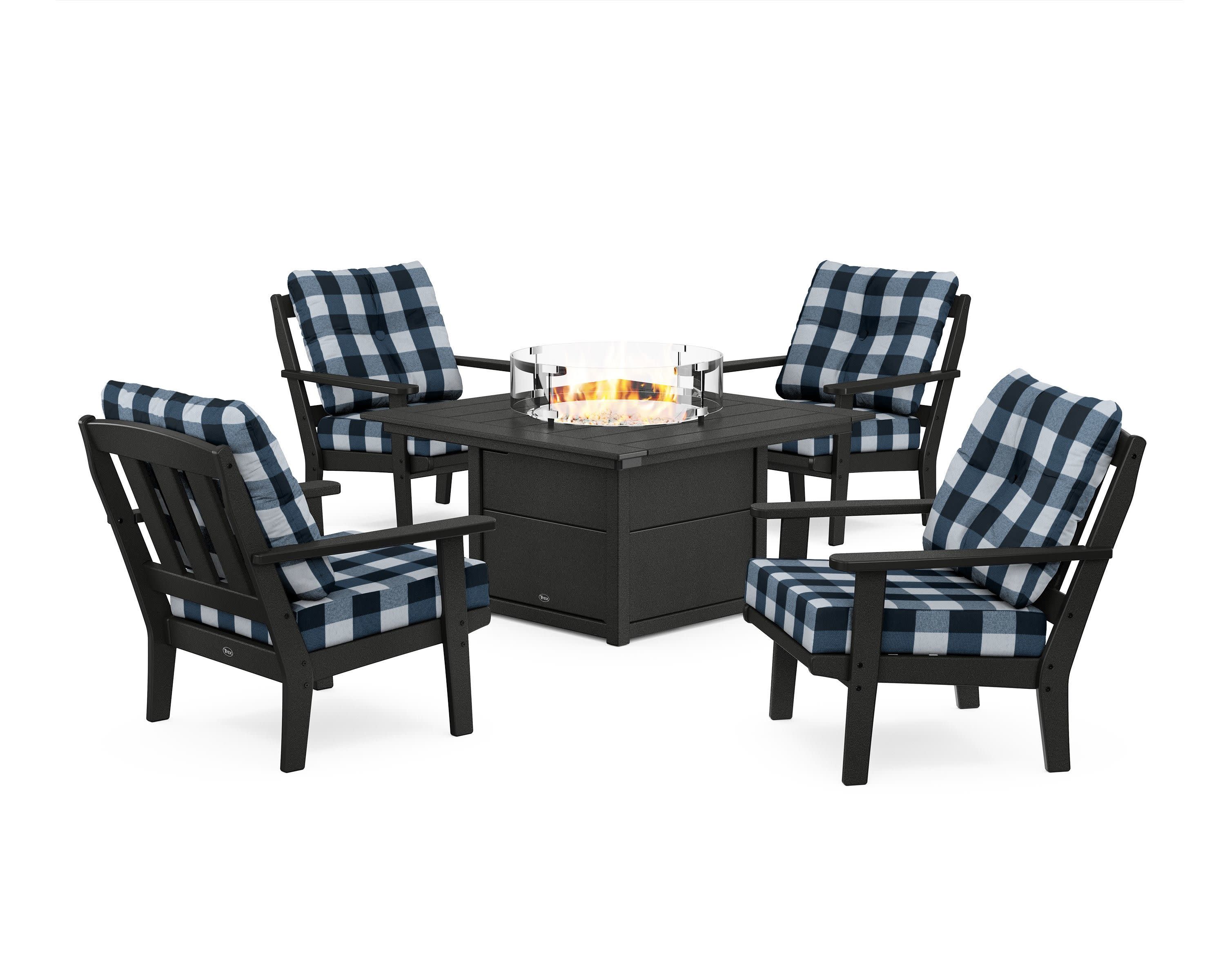 Cape Cod 5-Piece Deep Seating Set with Fire Pit Table in Charcoal Black / Buffalo Plaid Marine Indigo