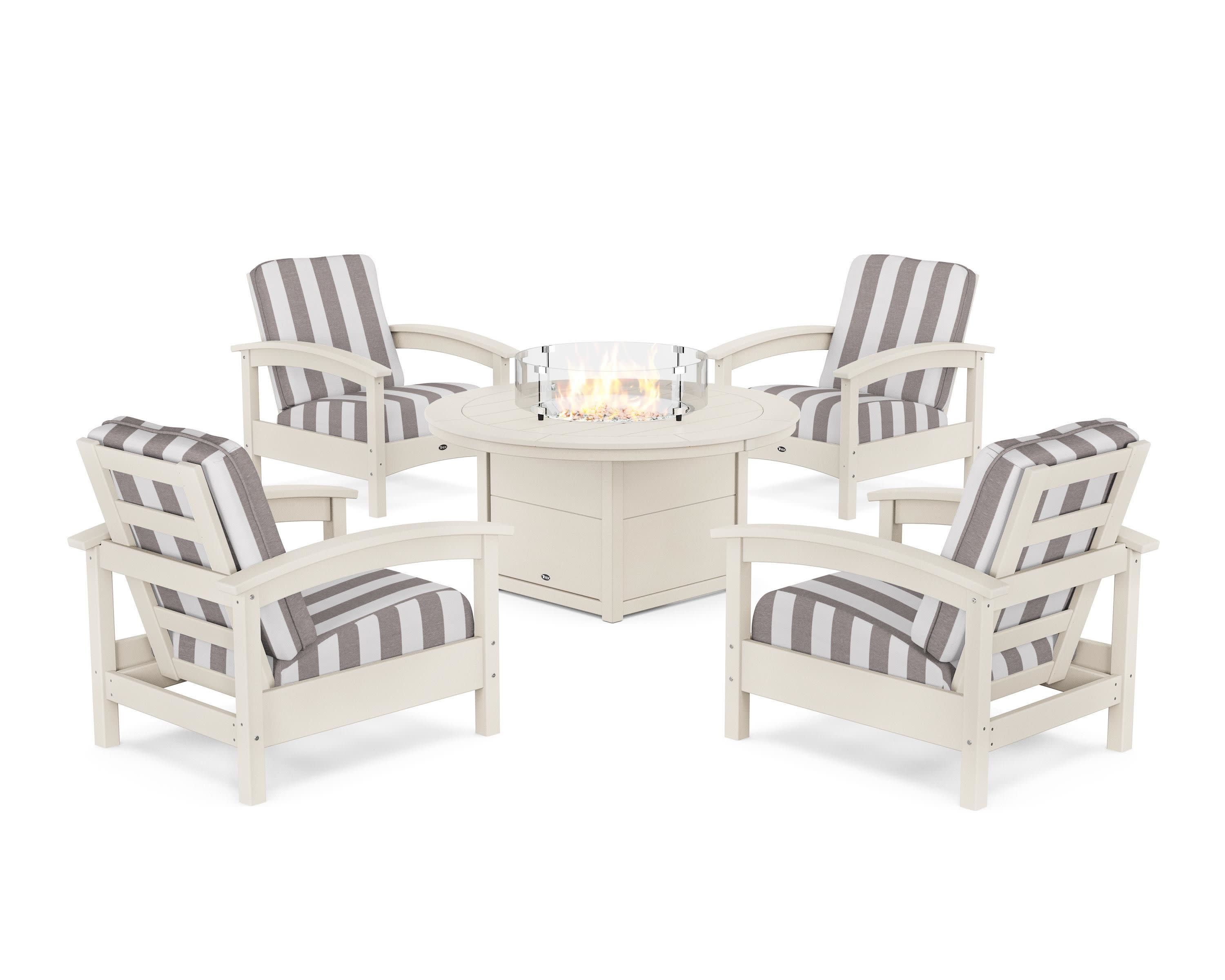 Rockport 5-Piece Deep Seating Set with Round Fire Pit Table in Sand Castle / Cabana Stripe Grey Mist