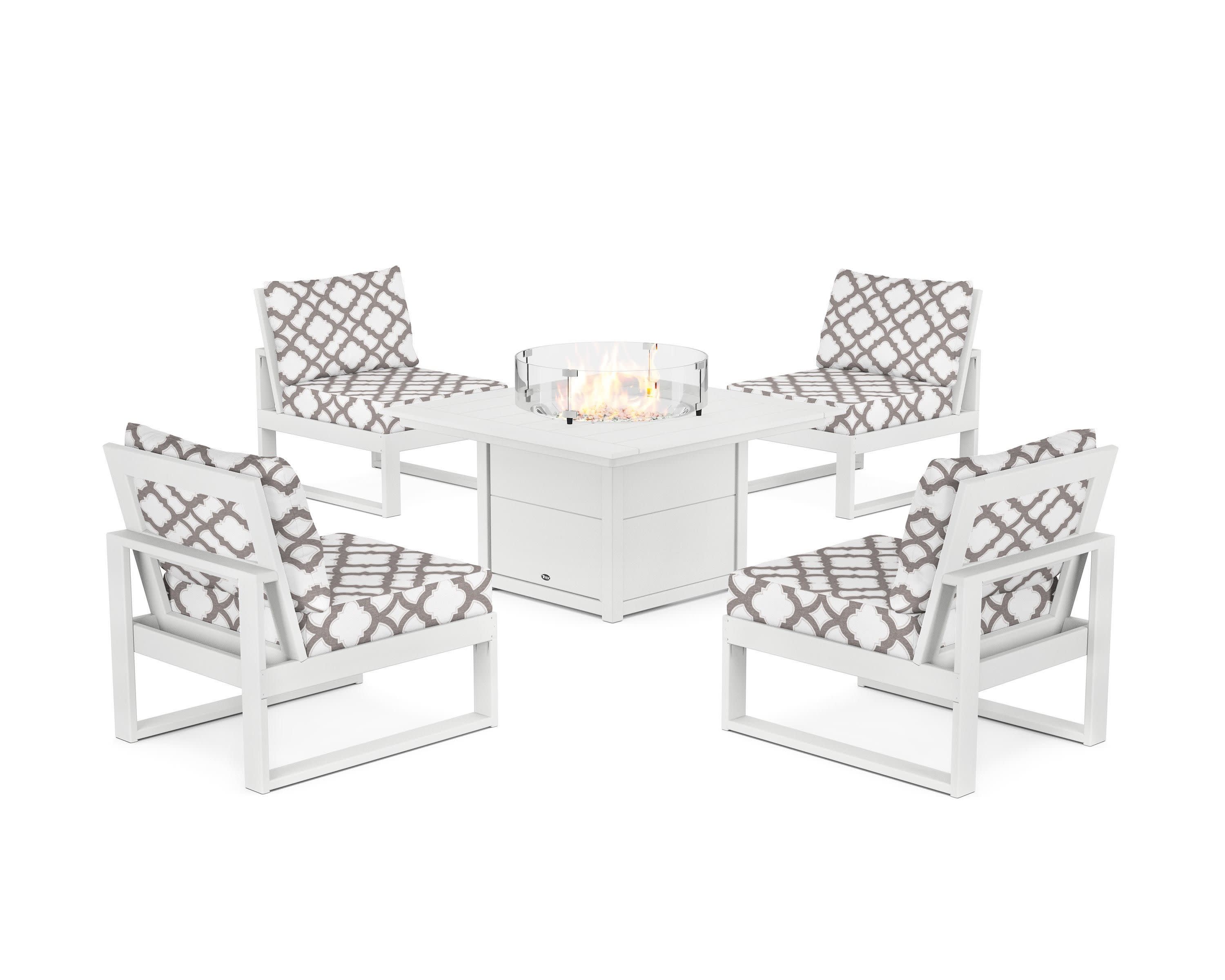 Eastport Modular 5-Piece Deep Seating Set with Square Fire Pit Table in Classic White / Trellis Grey Mist