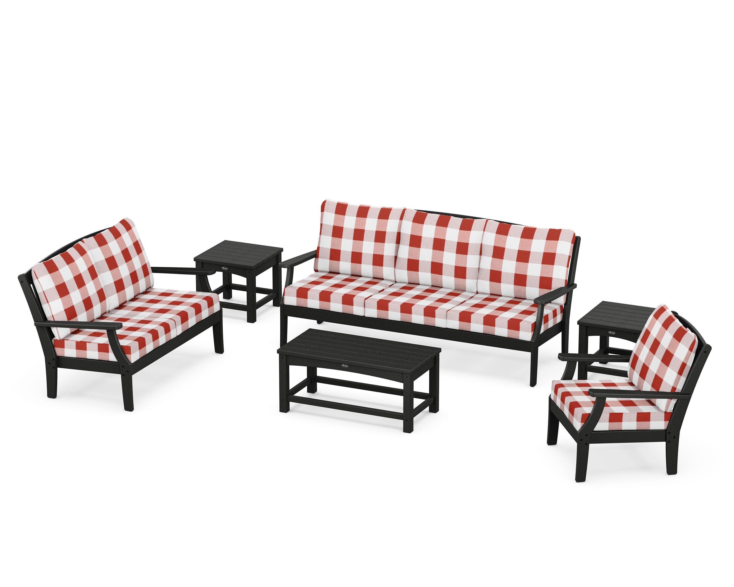 Yacht Club 6-Piece Deep Seating Set in Charcoal Black / Buffalo Plaid Crimson