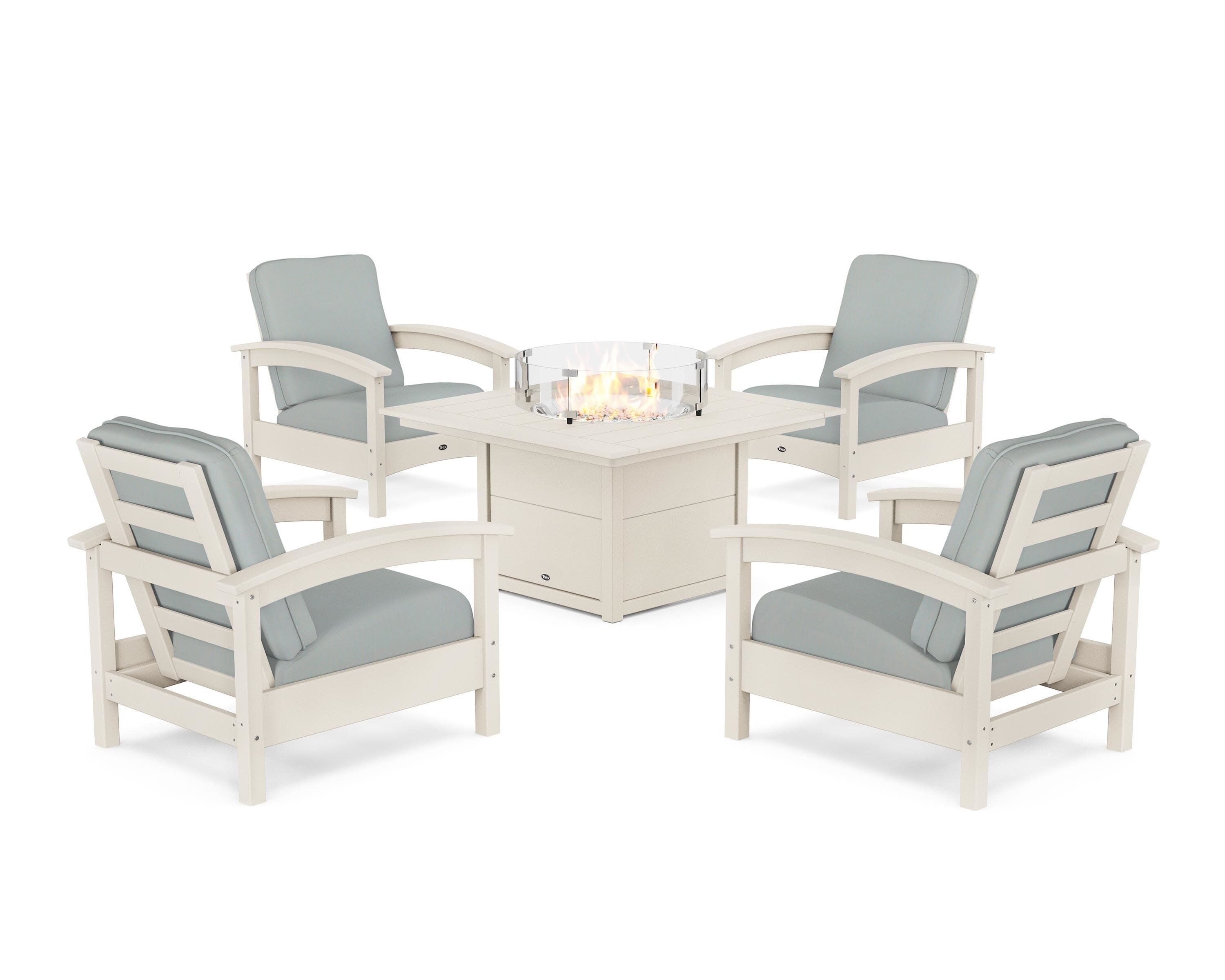 Rockport 5-Piece Deep Seating Set with Square Fire Pit Table in Sand Castle / Spa