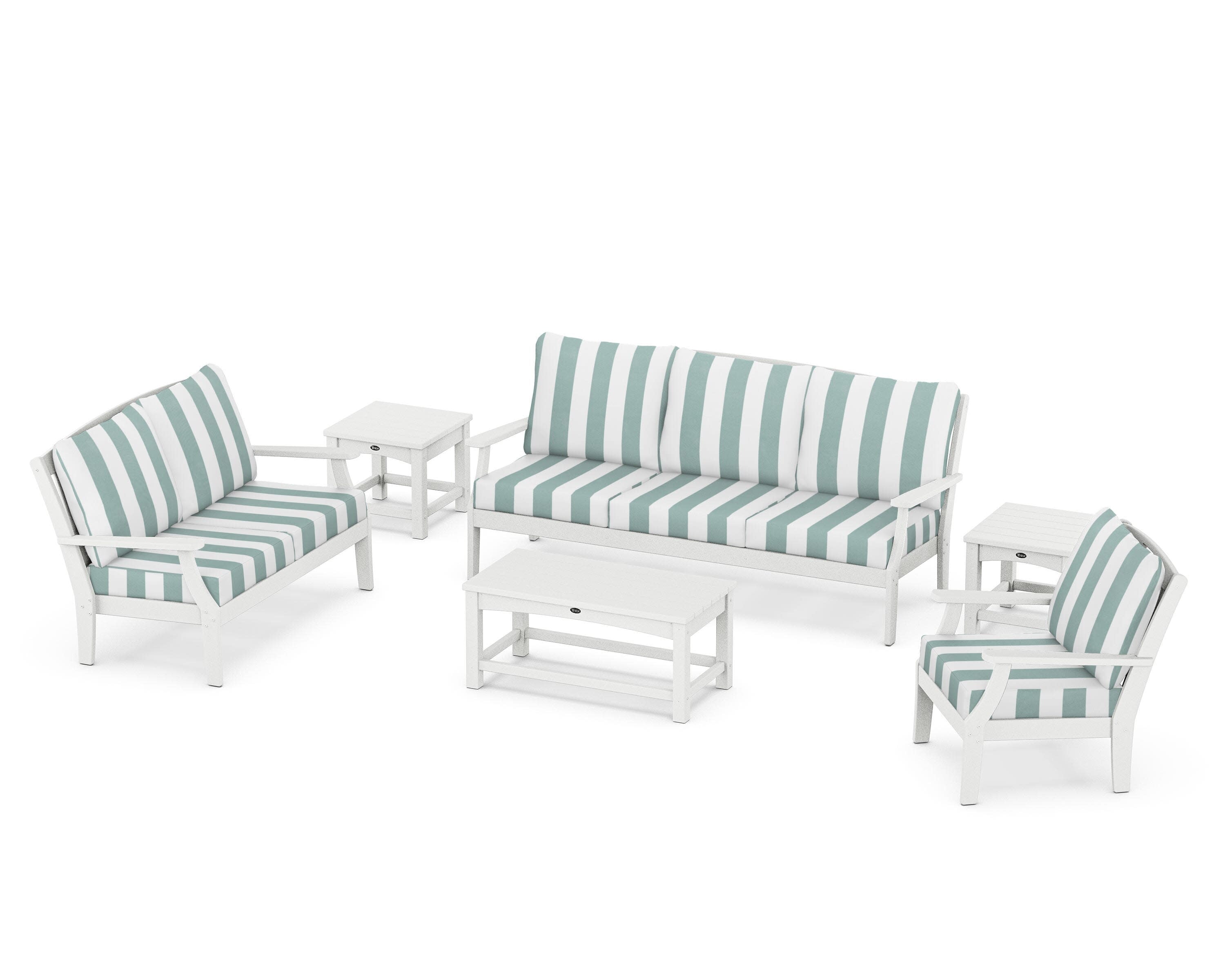 Yacht Club 6-Piece Deep Seating Set in Classic White / Cabana Stripe Glacier Spa