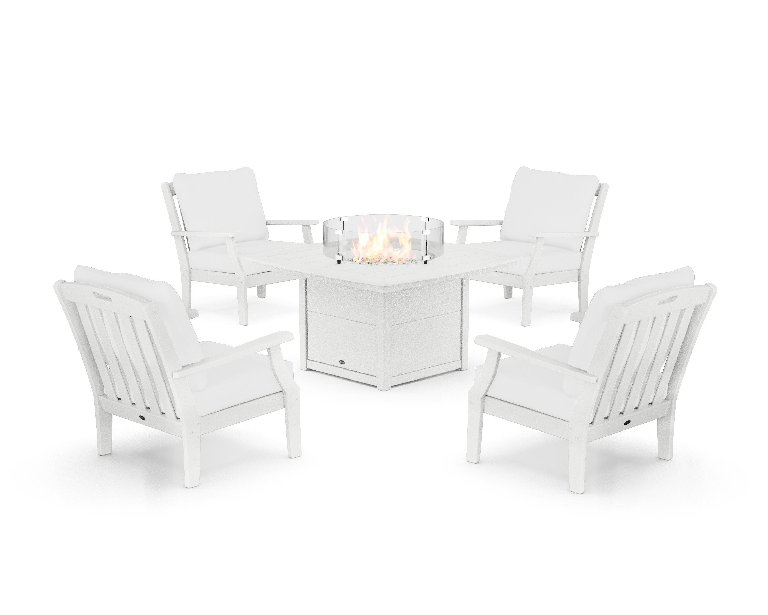 Yacht Club 5-Piece Deep Seating Set with Fire Pit Table in Classic White / Natural