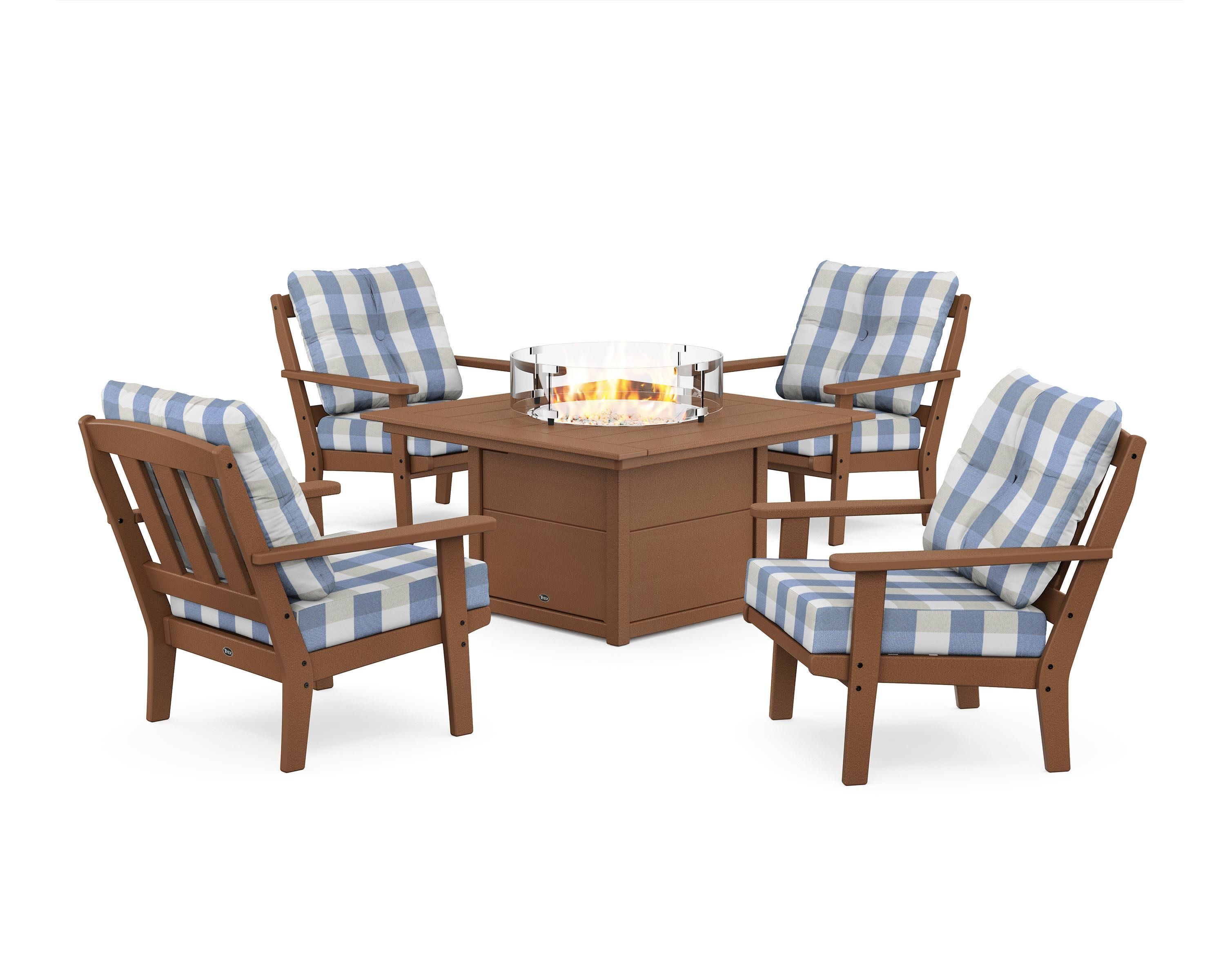 Cape Cod 5-Piece Deep Seating Set with Fire Pit Table in Tree House / Buffalo Plaid Sky Blue
