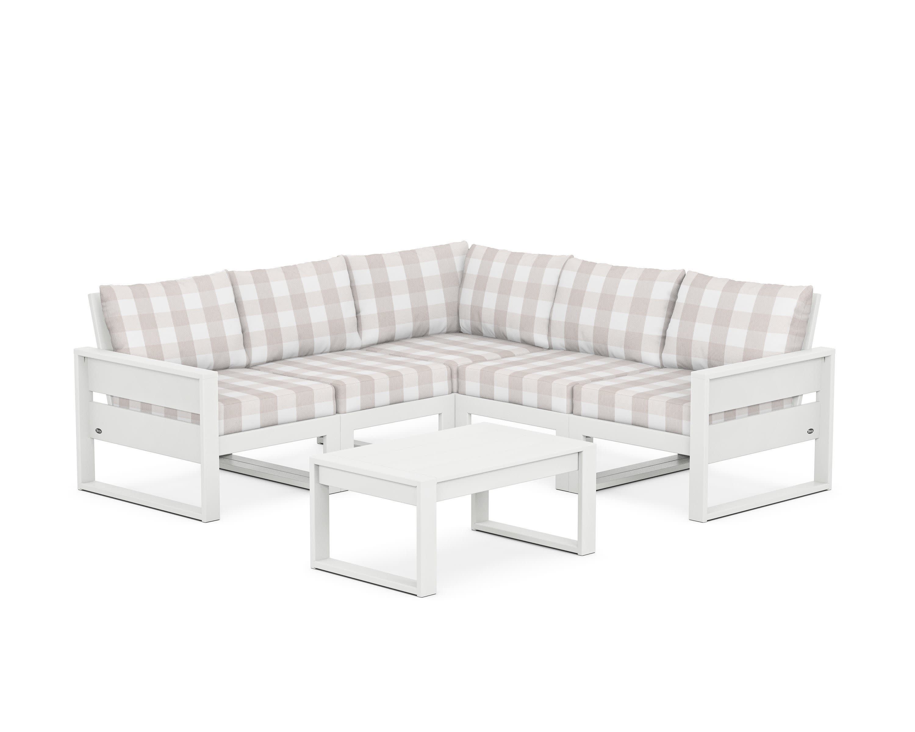 Eastport 6-Piece Deep Seating Sectional + Coffee Table Set in Classic White / Buffalo Plaid Dune Burlap