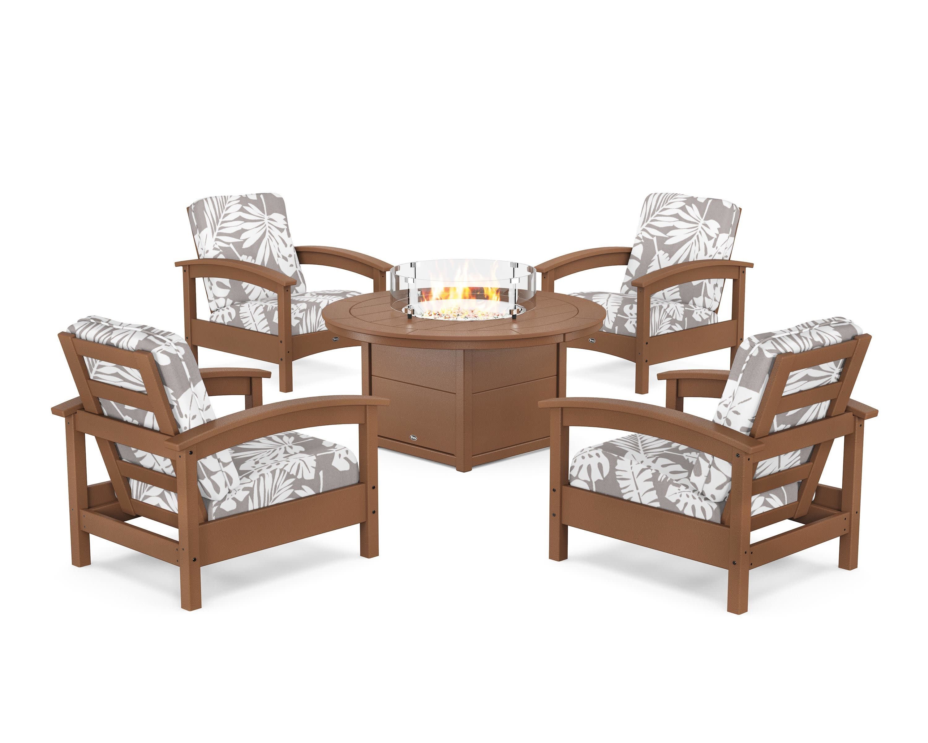 Rockport 5-Piece Deep Seating Set with Round Fire Pit Table in Tree House / Leaf Grey Mist
