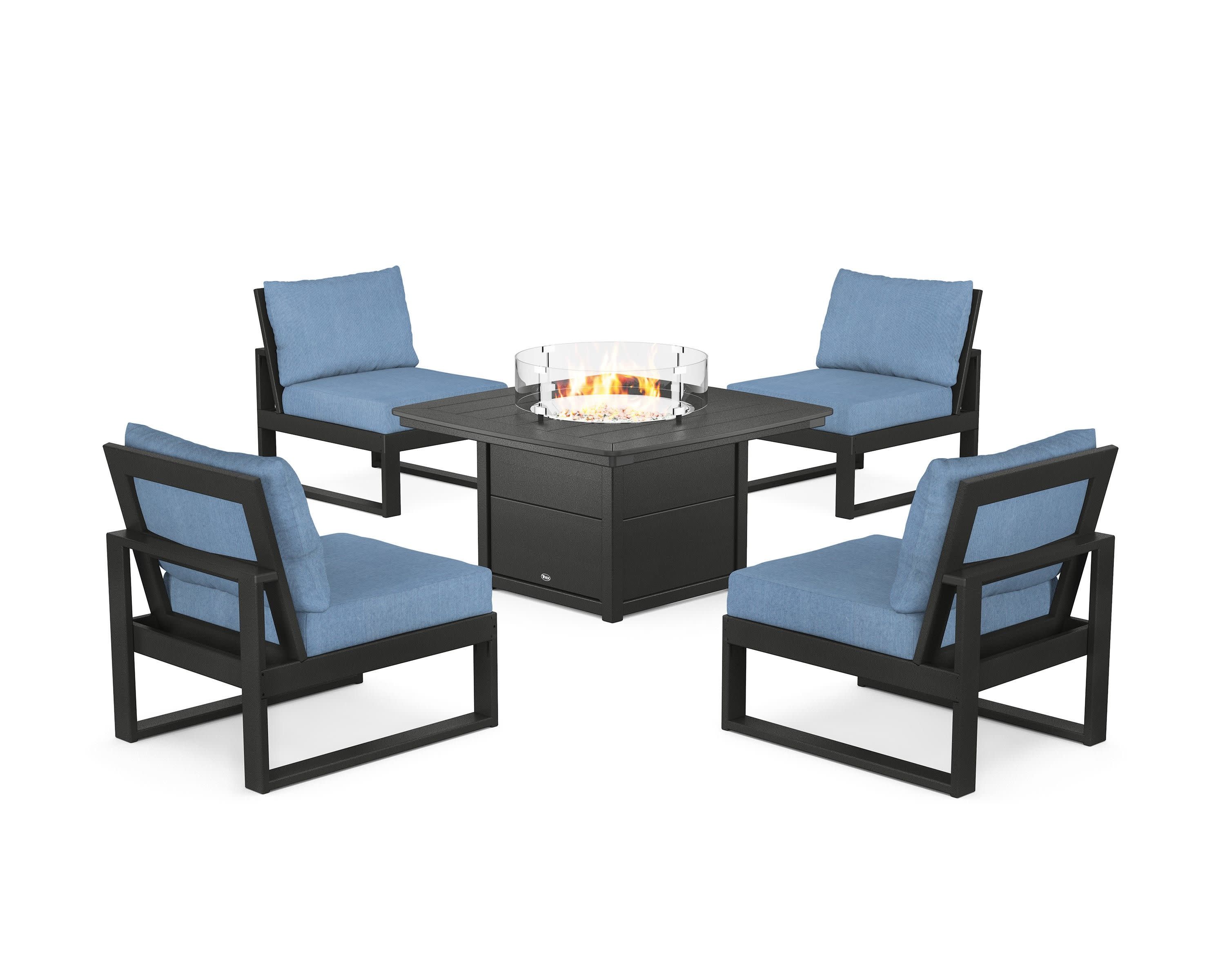 Eastport Modular 5-Piece Deep Seating Set with Yacht Club Fire Pit Table in Charcoal Black / Sky Blue
