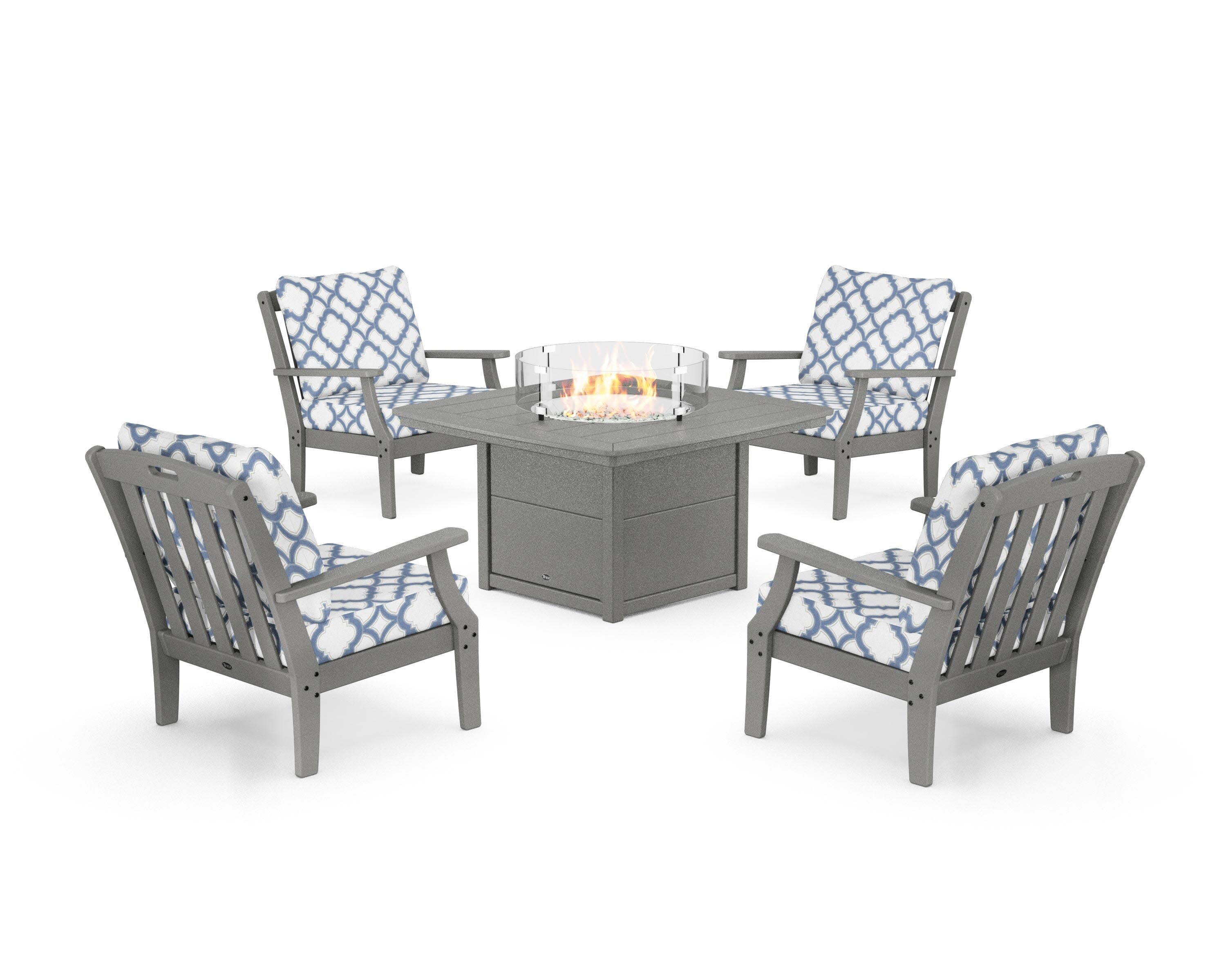 Yacht Club 5-Piece Deep Seating Set with Fire Pit Table in Stepping Stone / Trellis Sky Blue