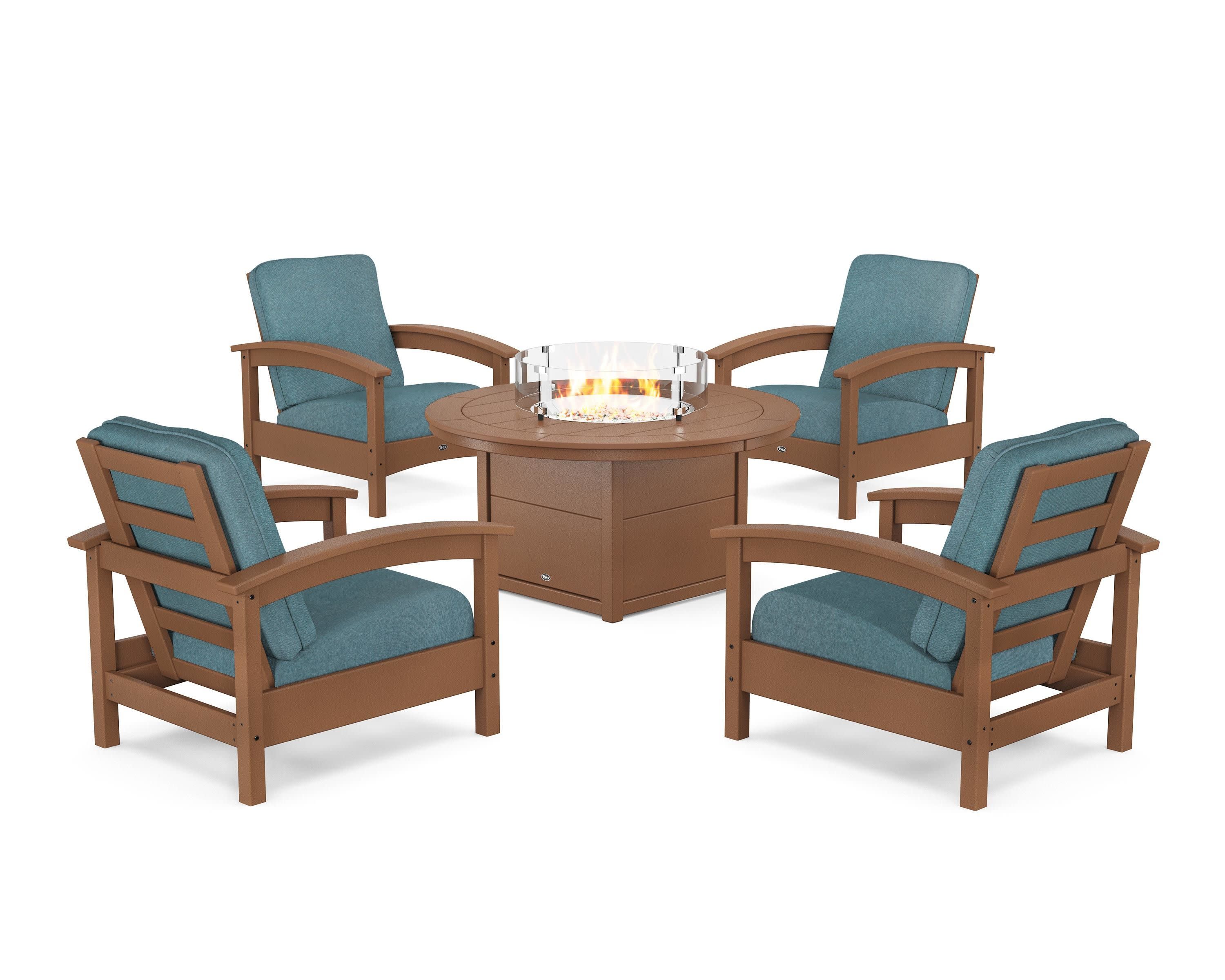 Rockport 5-Piece Deep Seating Set with Round Fire Pit Table in Tree House / Ocean Teal