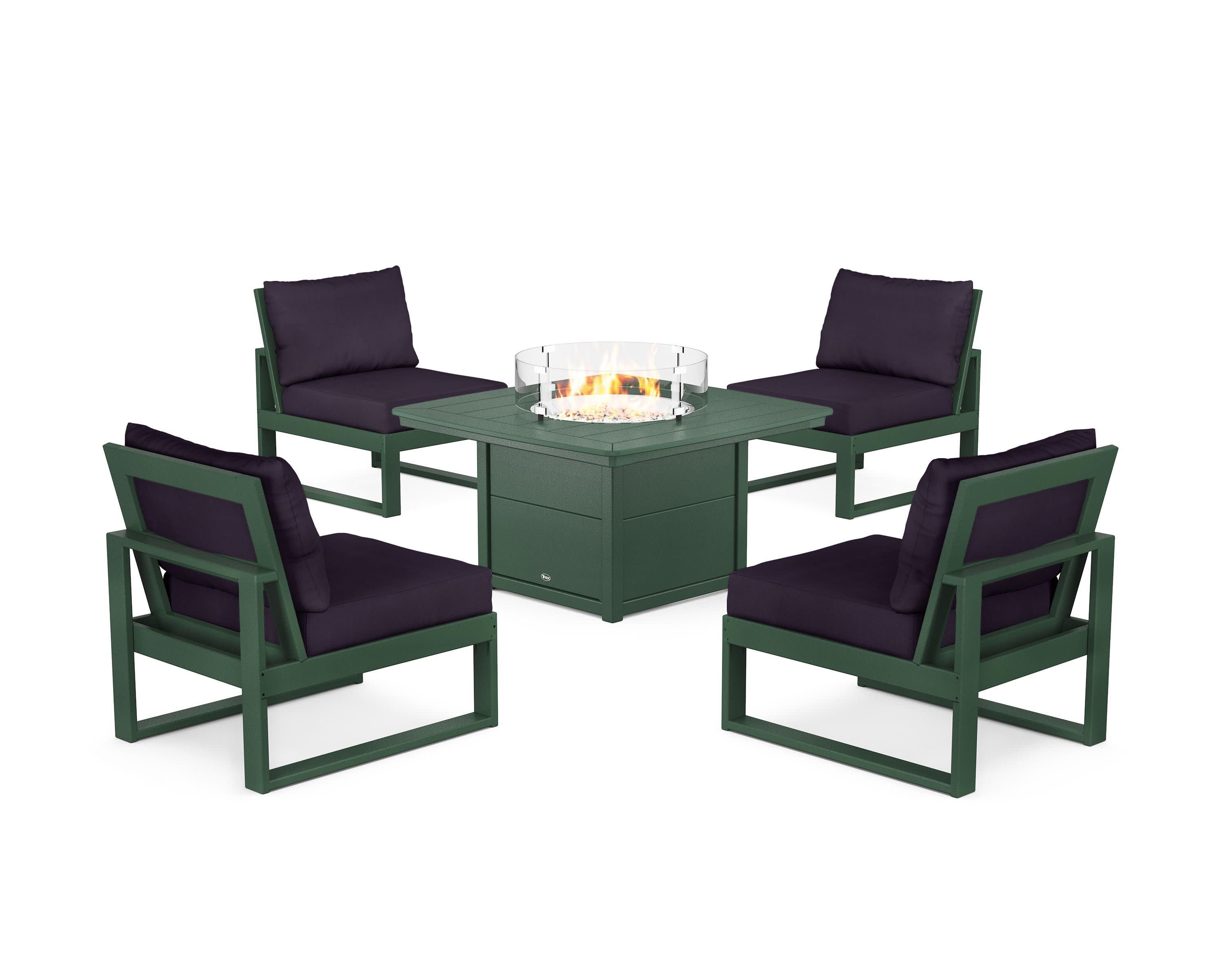 Eastport Modular 5-Piece Deep Seating Set with Yacht Club Fire Pit Table in Rainforest Canopy / Navy Linen