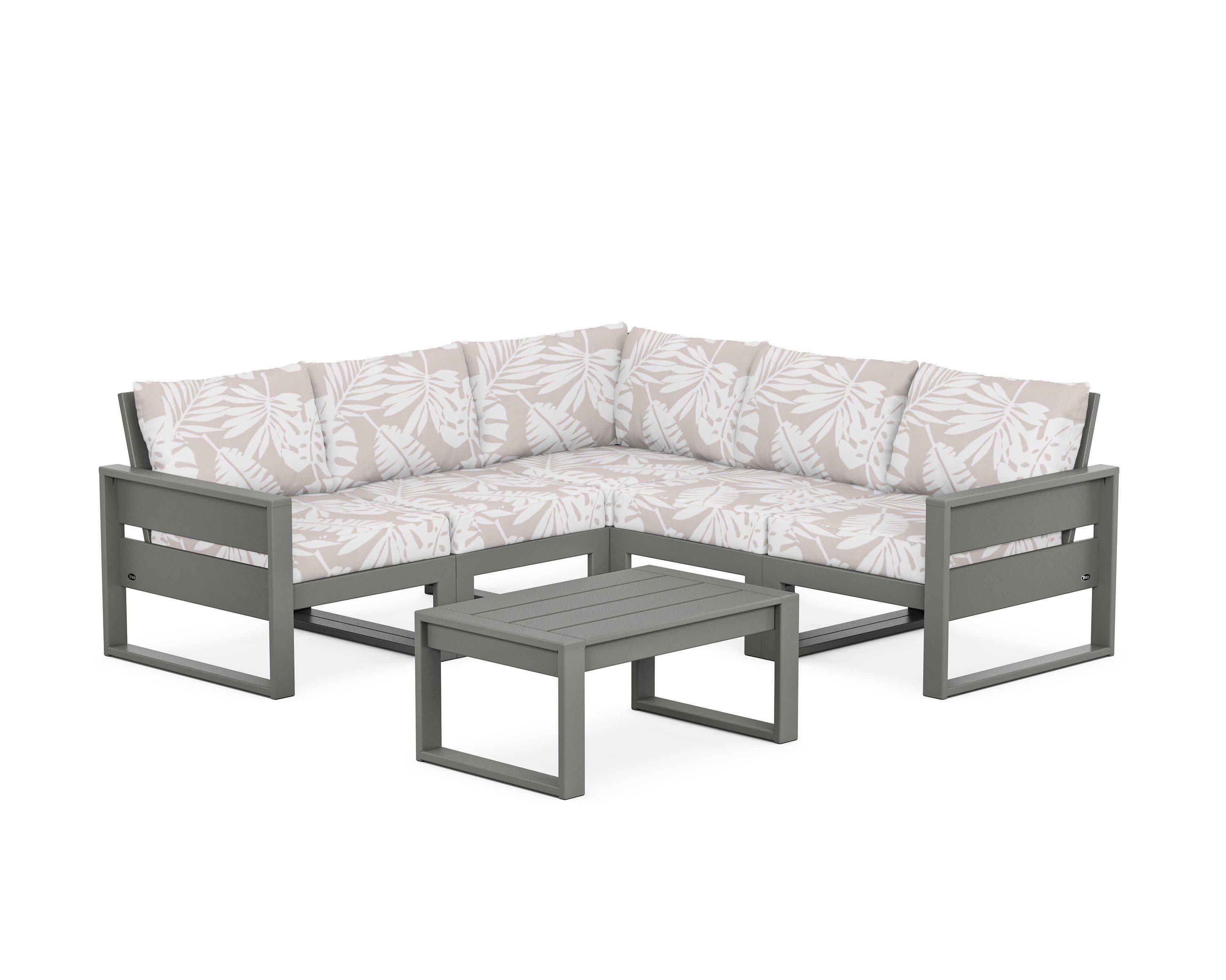 Eastport 6-Piece Deep Seating Sectional + Coffee Table Set in Stepping Stone / Leaf Dune Burlap