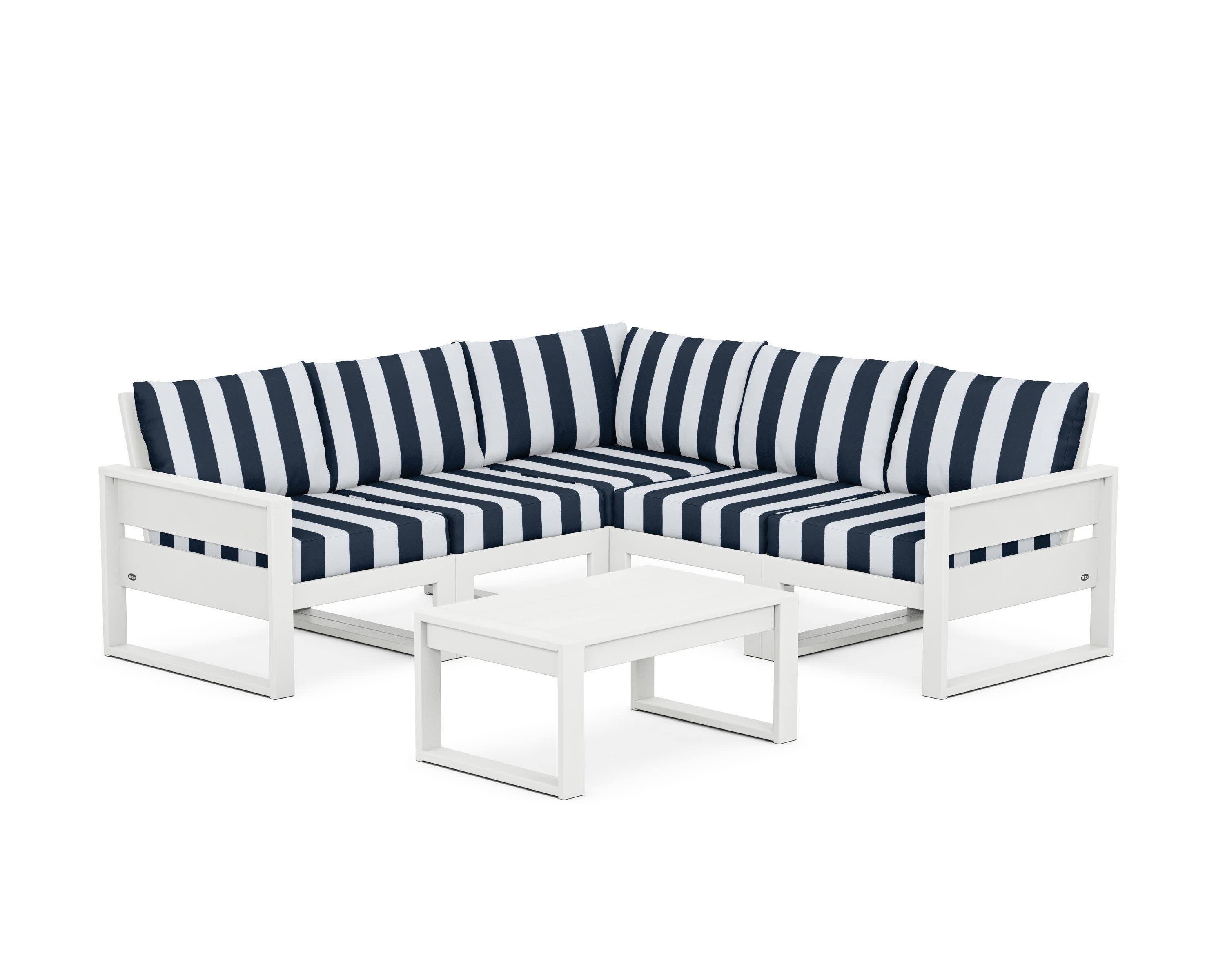 Eastport 6-Piece Deep Seating Sectional + Coffee Table Set in Classic White / Cabana Stripe Marine Indigo