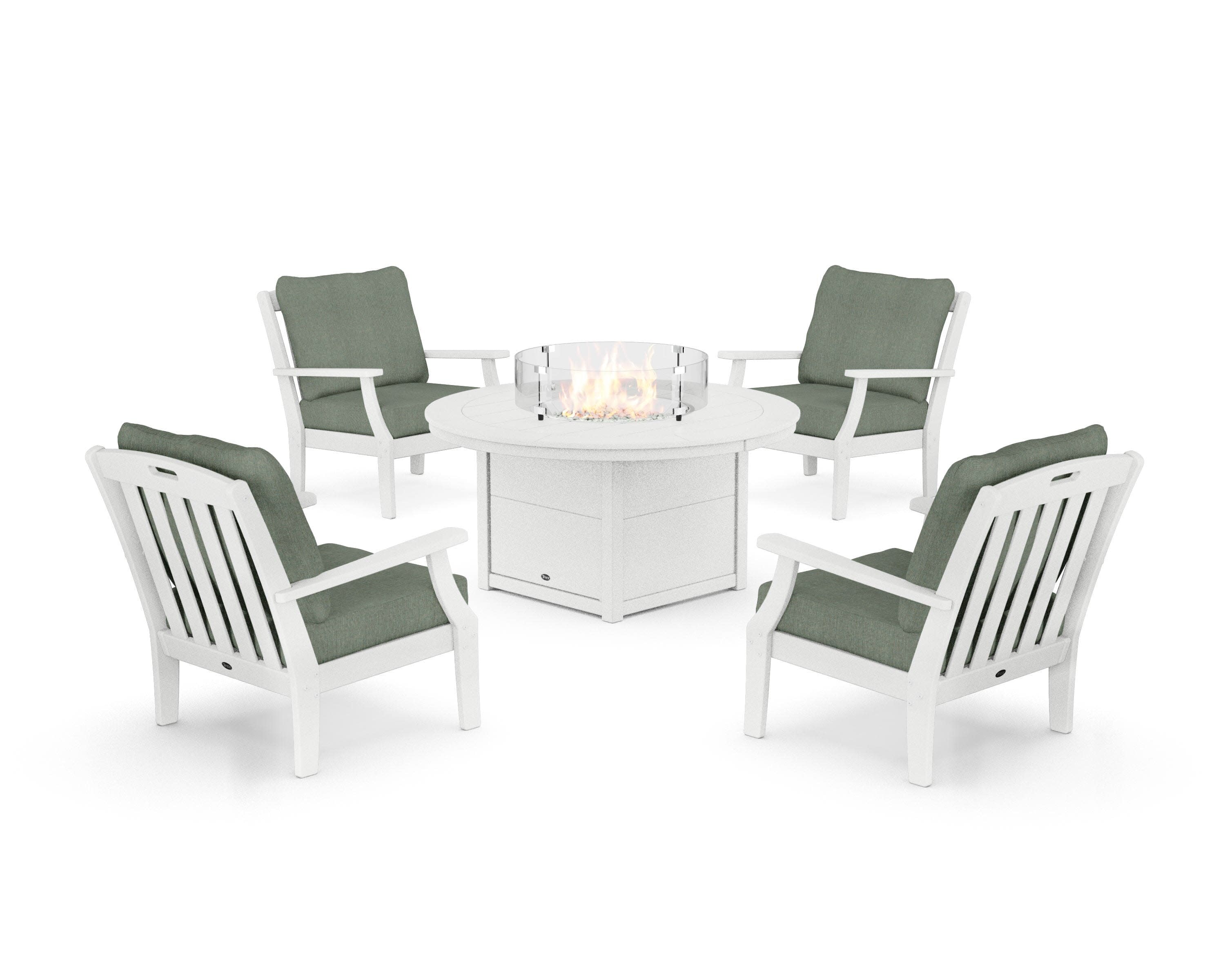 Yacht Club 5-Piece Deep Seating Set with Round Fire Pit Table in Classic White / Cast Sage