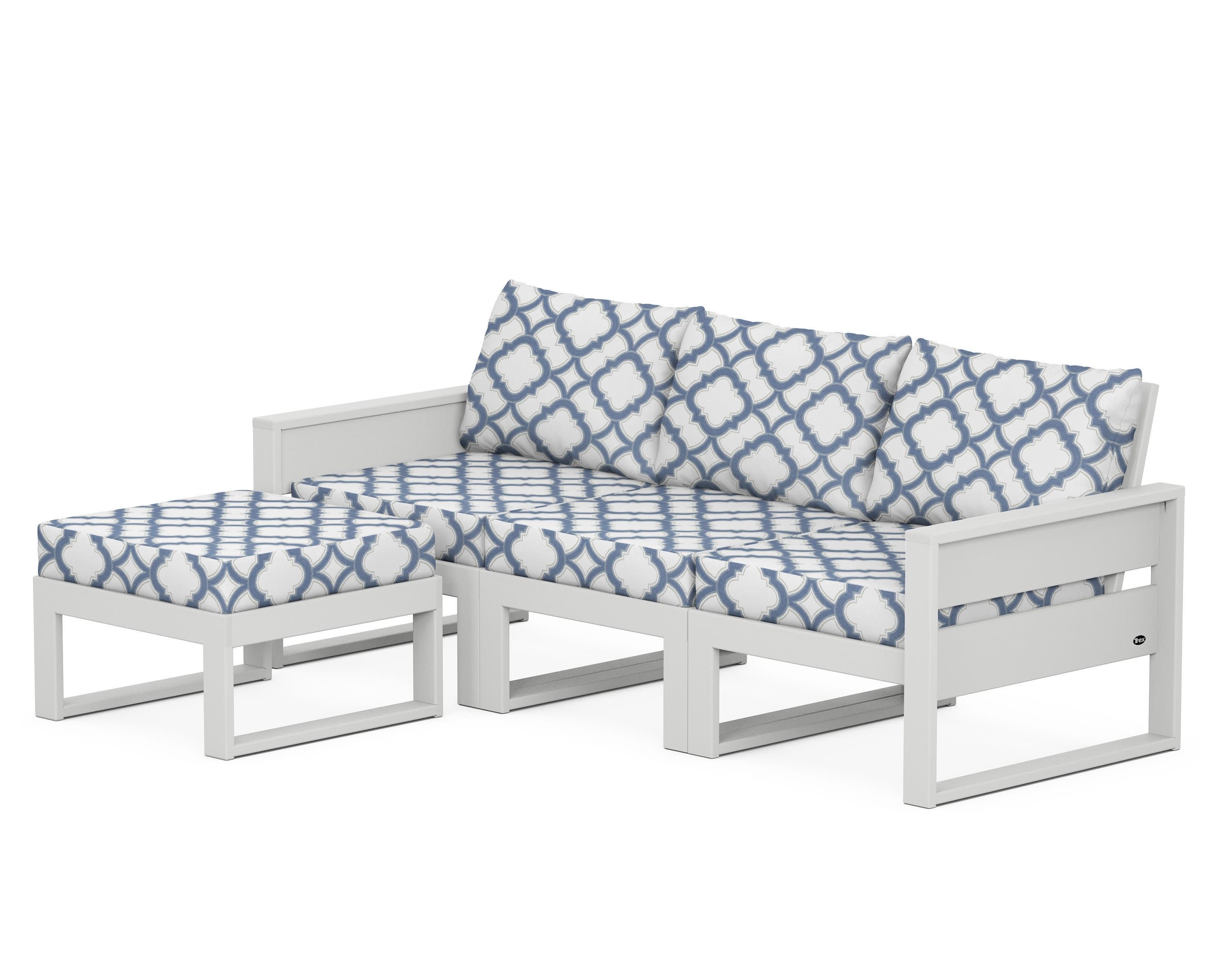 Eastport 4- Piece Sectional with Ottoman in Classic White / Trellis Sky Blue