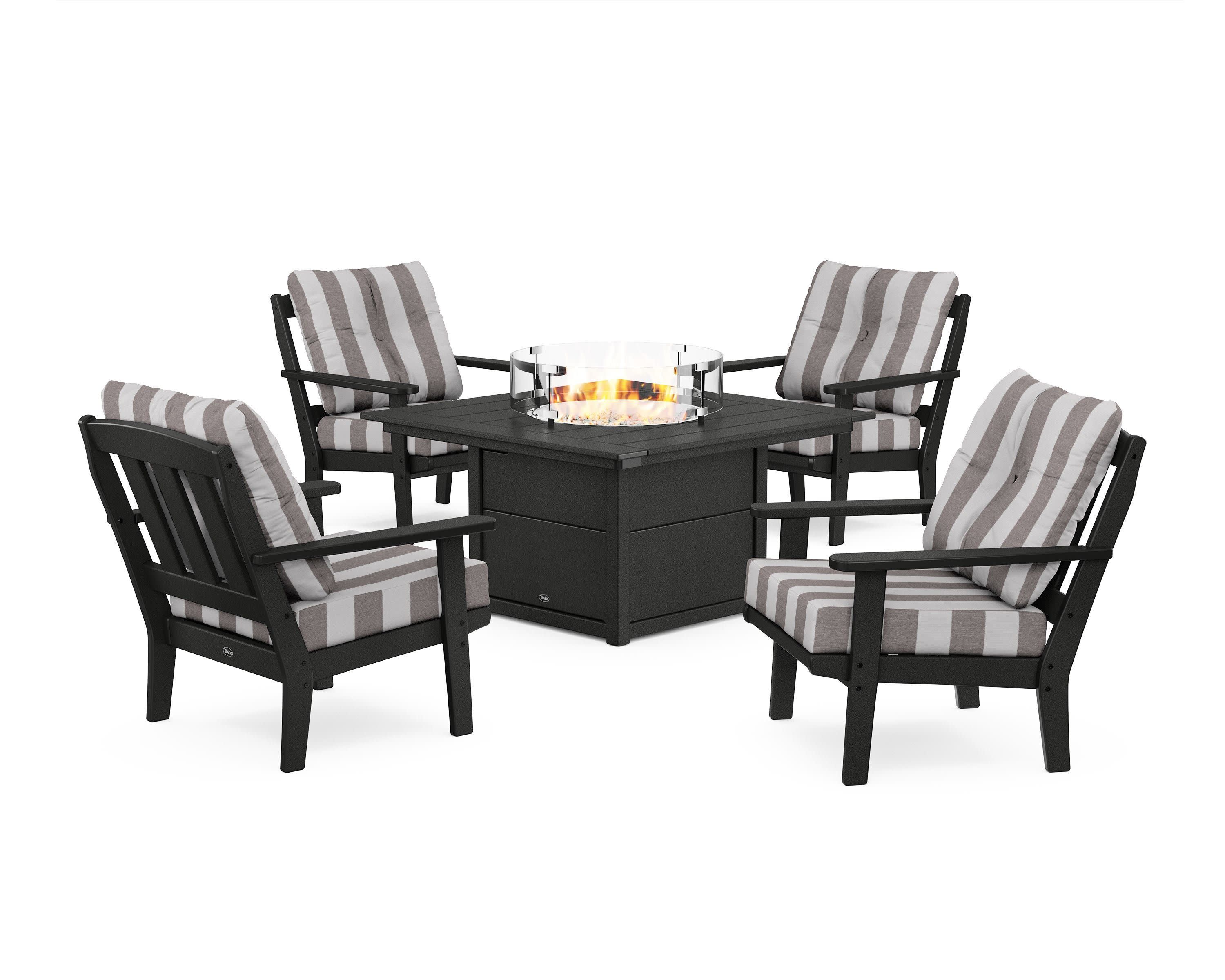 Cape Cod 5-Piece Deep Seating Set with Fire Pit Table in Charcoal Black / Cabana Stripe Grey Mist