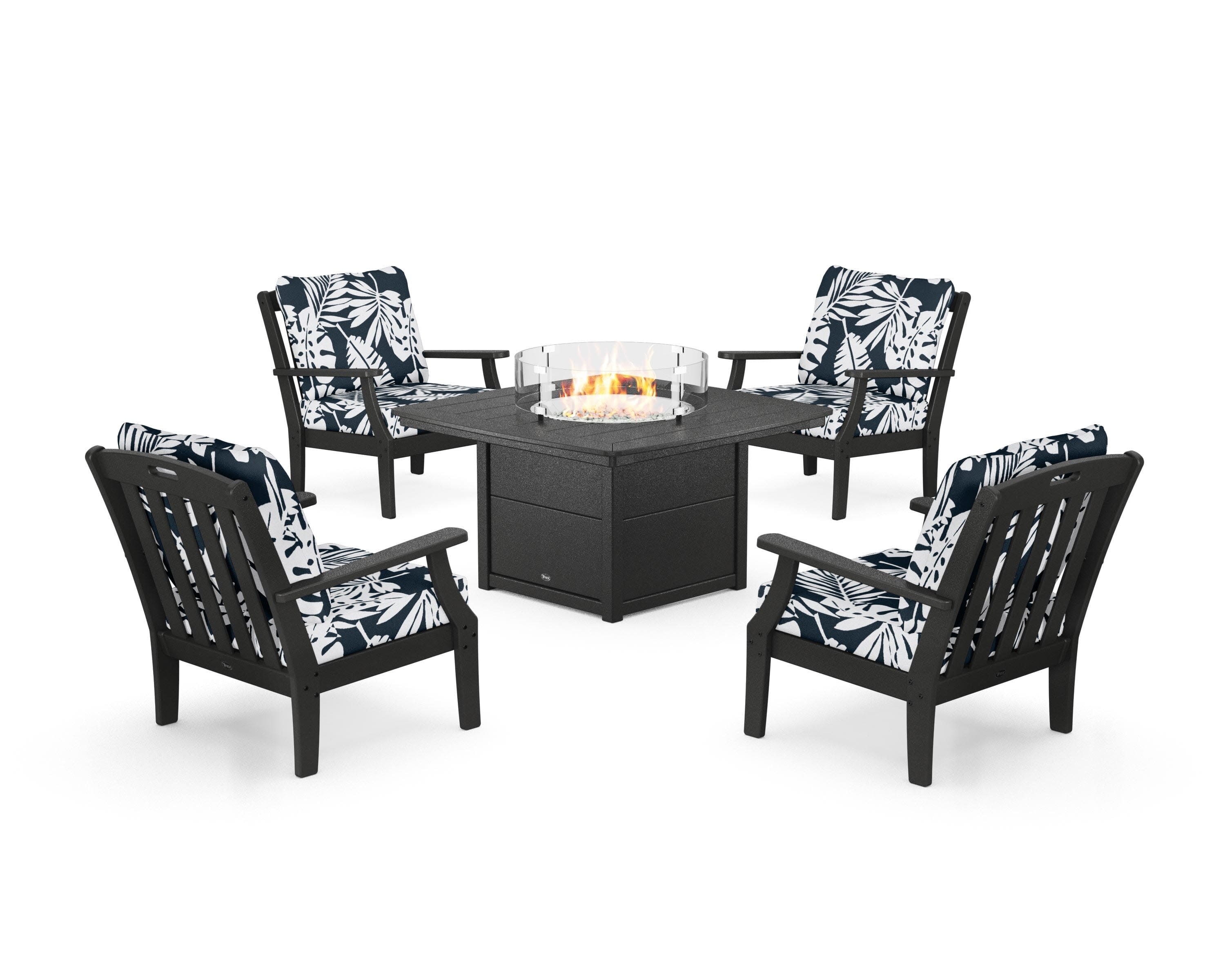 Yacht Club 5-Piece Deep Seating Set with Fire Pit Table in Charcoal Black / Leaf Marine Indigo