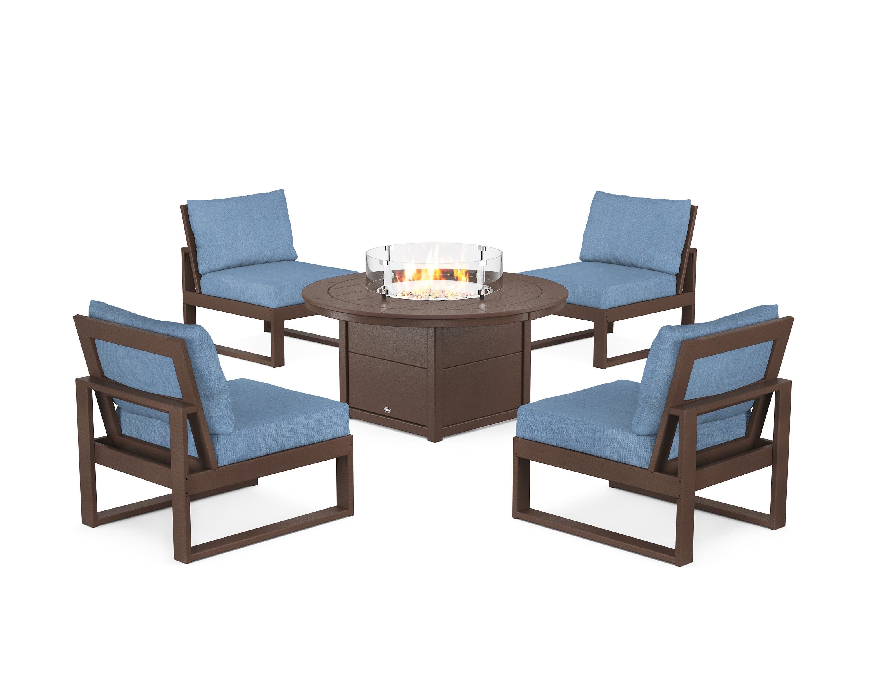 Eastport Modular 5-Piece Deep Seating Set with Round Fire Pit Table in Vintage Lantern / Sky Blue