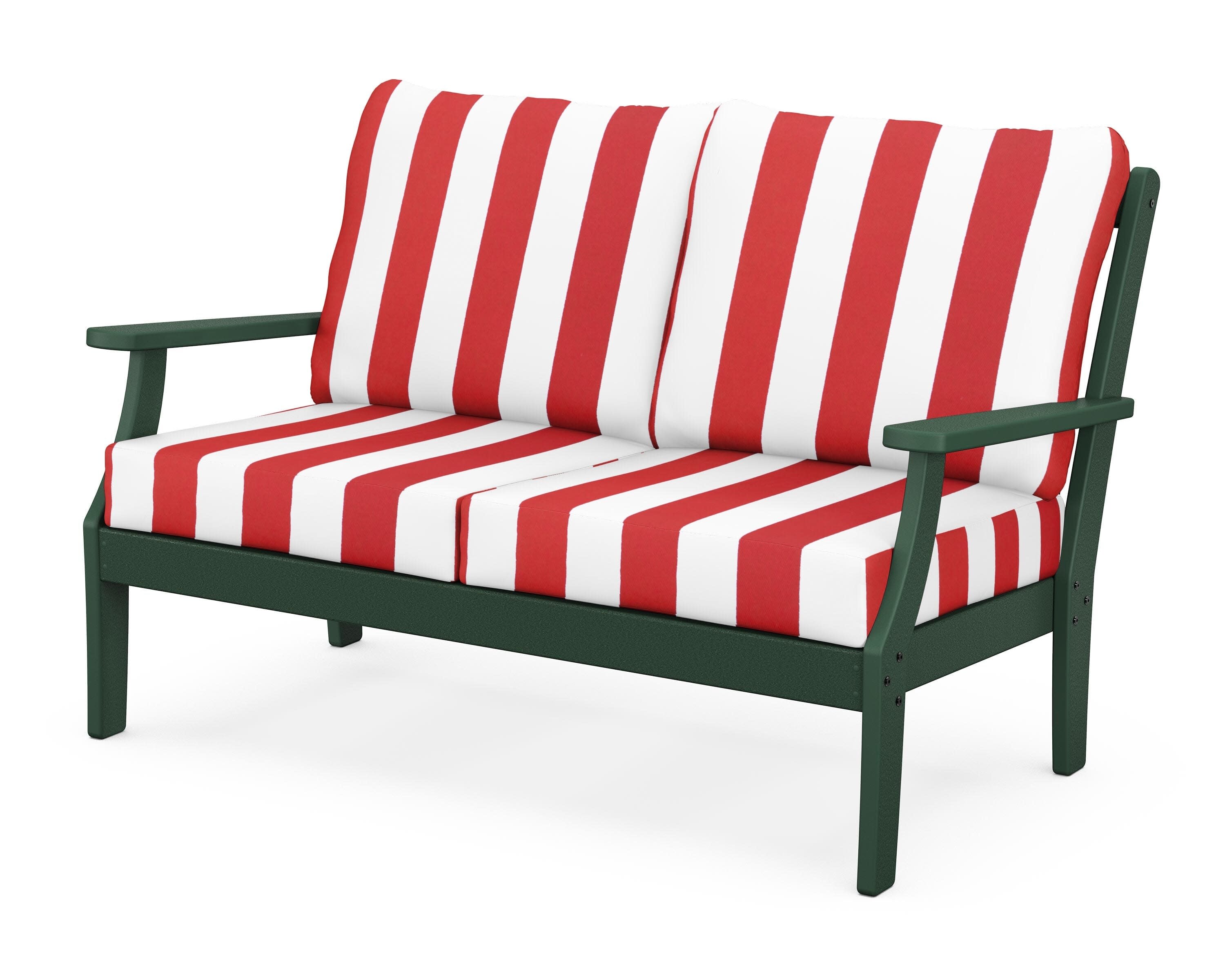 Yacht Club Deep Seating Loveseat in Rainforest Canopy / Cabana Stripe Crimson