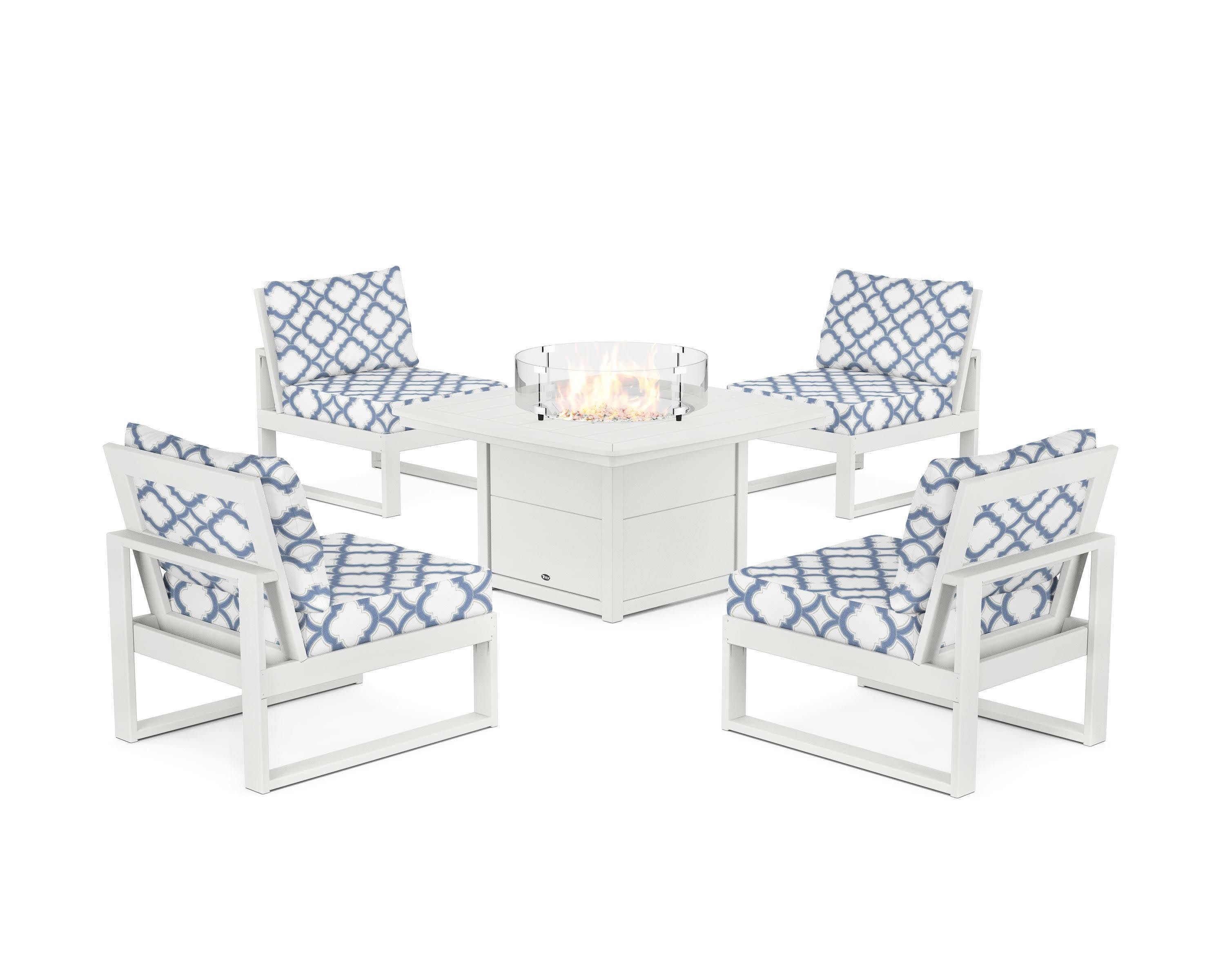 Eastport Modular 5-Piece Deep Seating Set with Yacht Club Fire Pit Table in Classic White / Trellis Sky Blue
