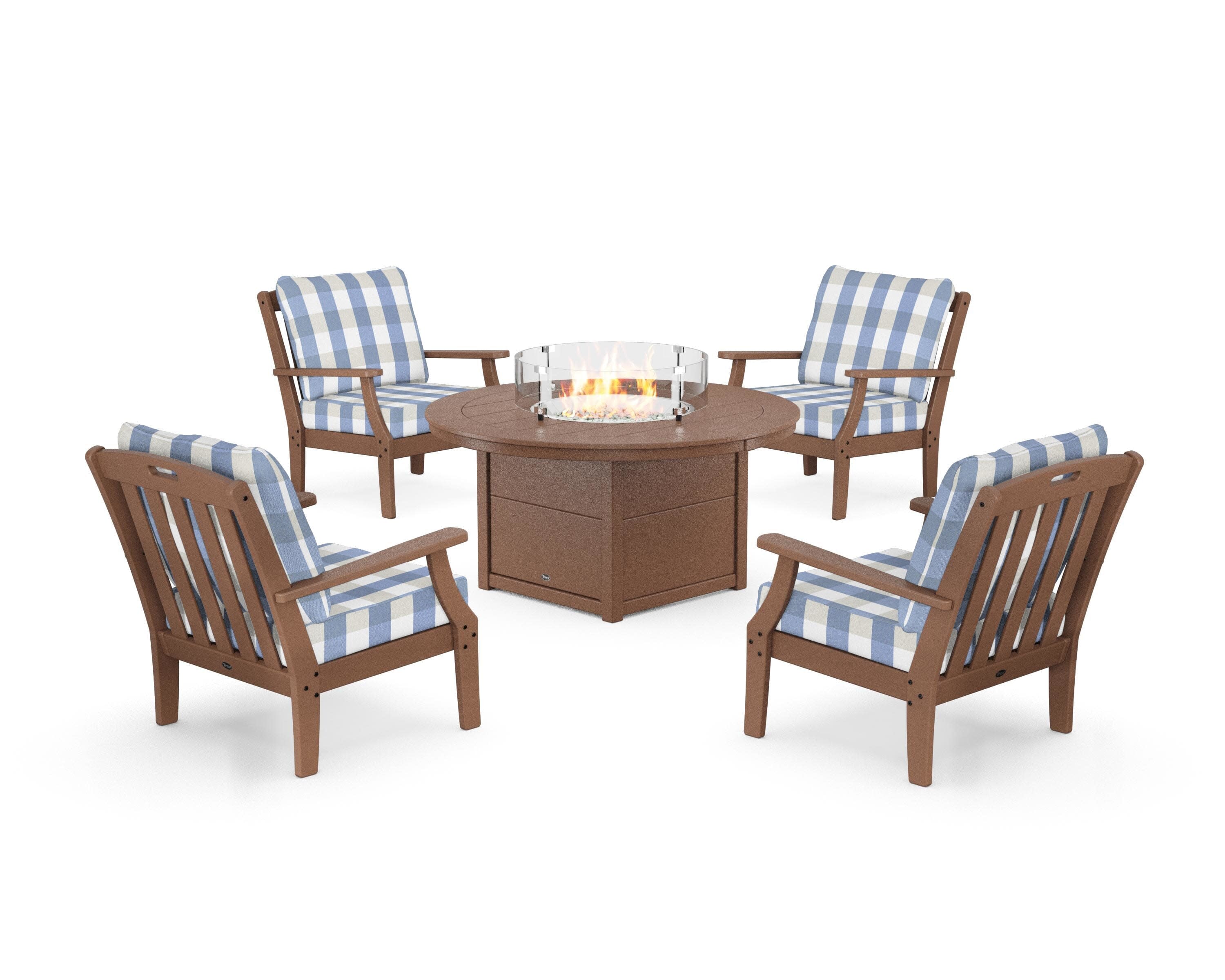 Yacht Club 5-Piece Deep Seating Set with Round Fire Pit Table in Tree House / Buffalo Plaid Sky Blue