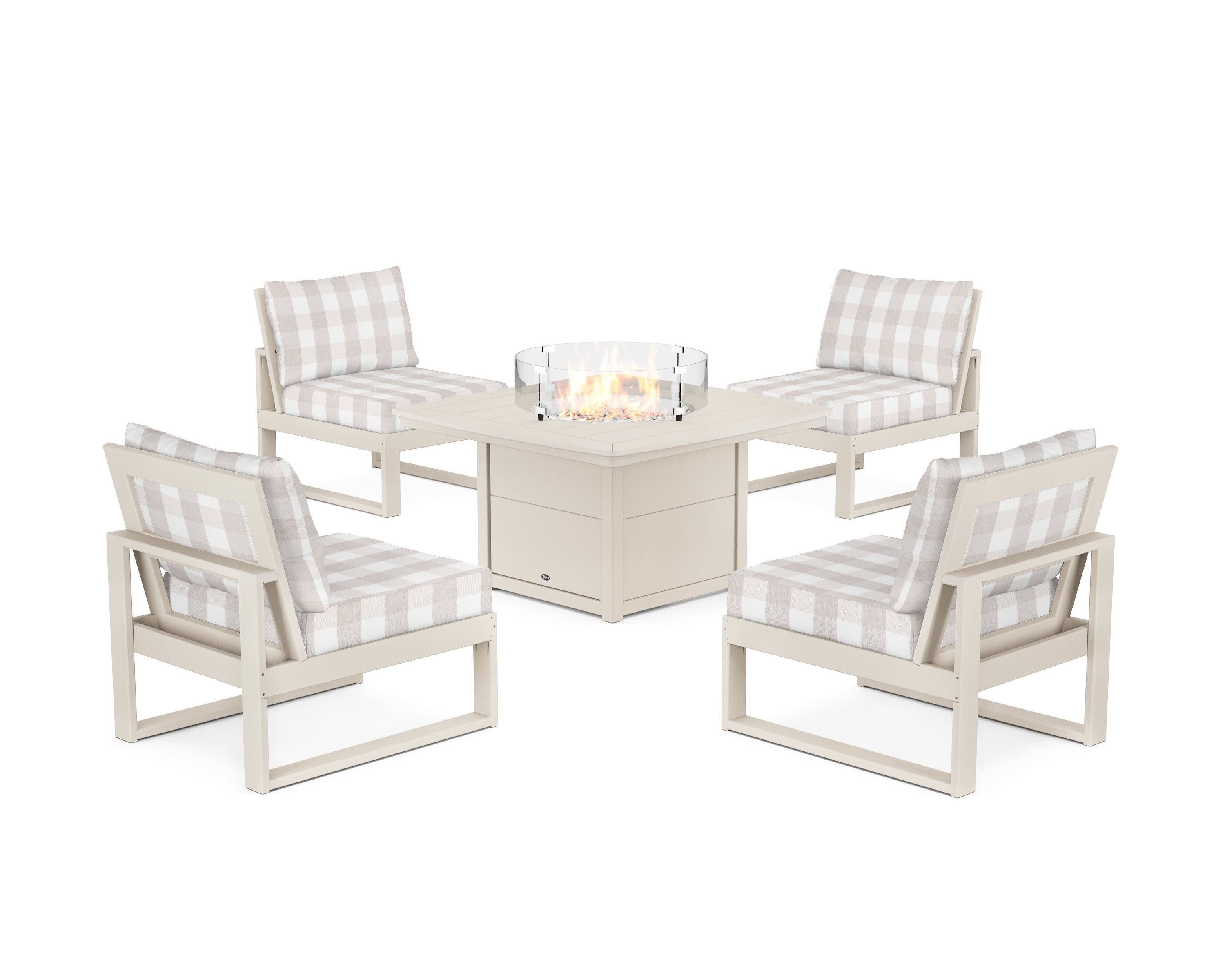 Eastport Modular 5-Piece Deep Seating Set with Yacht Club Fire Pit Table in Sand Castle / Buffalo Plaid Dune Burlap