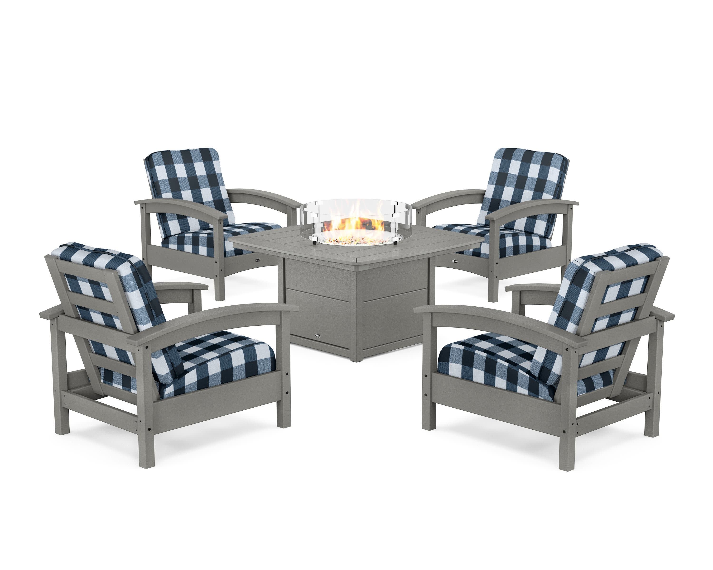 Rockport 5-Piece Deep Seating Set with Yacht Club Fire Pit Table in Stepping Stone / Buffalo Plaid Marine Indigo
