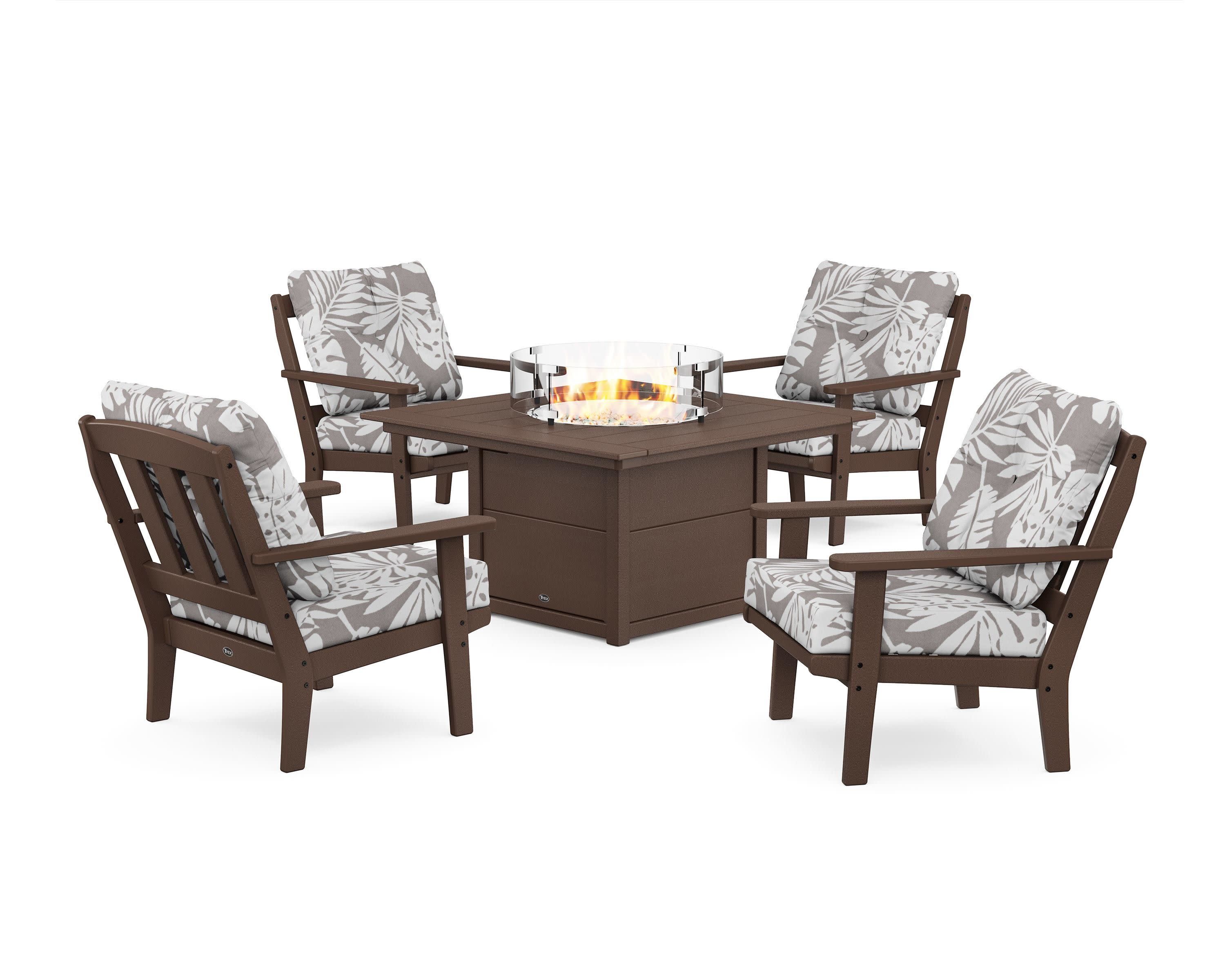 Cape Cod 5-Piece Deep Seating Set with Fire Pit Table in Vintage Lantern / Leaf Grey Mist