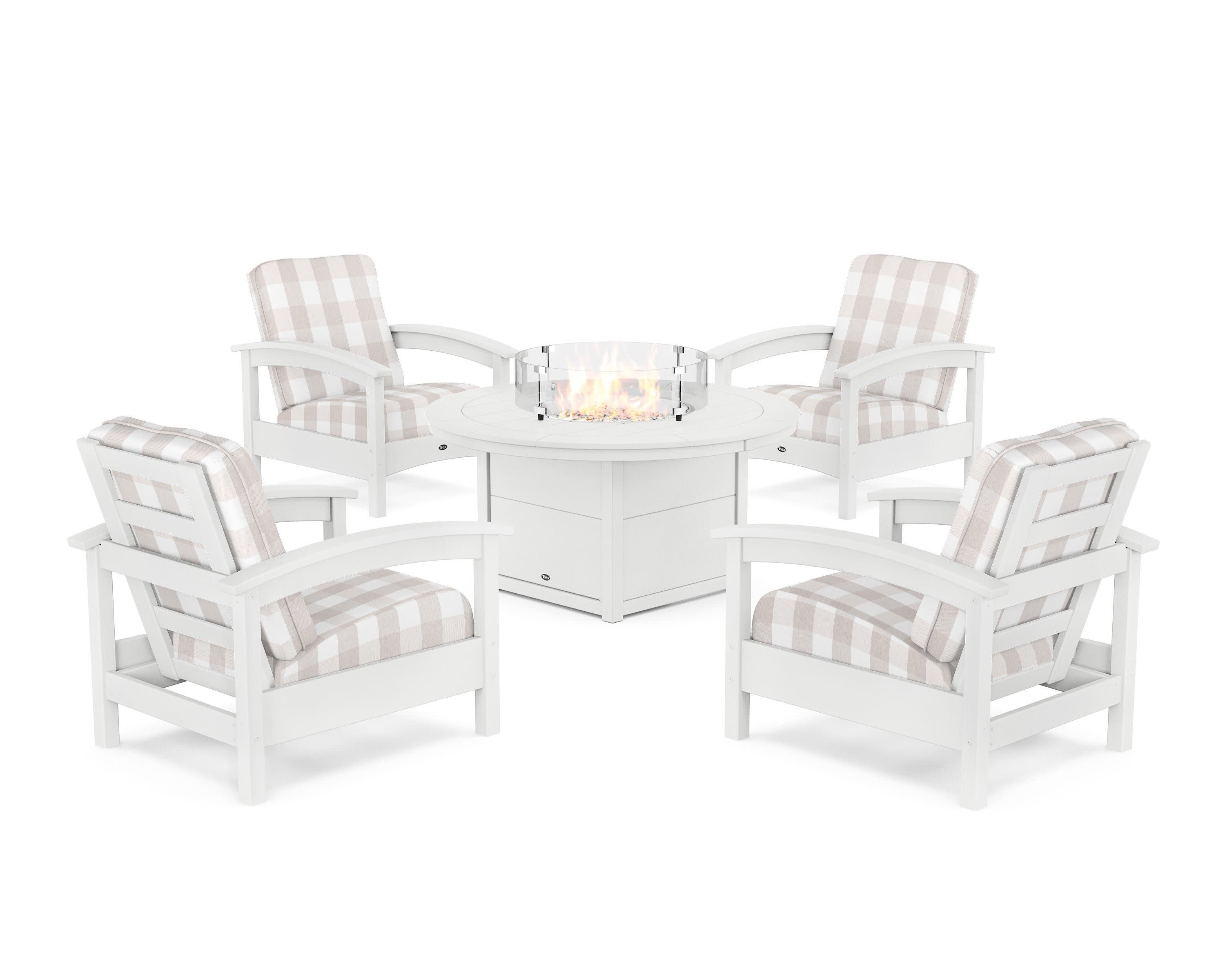 Rockport 5-Piece Deep Seating Set with Round Fire Pit Table in Classic White / Buffalo Plaid Dune Burlap