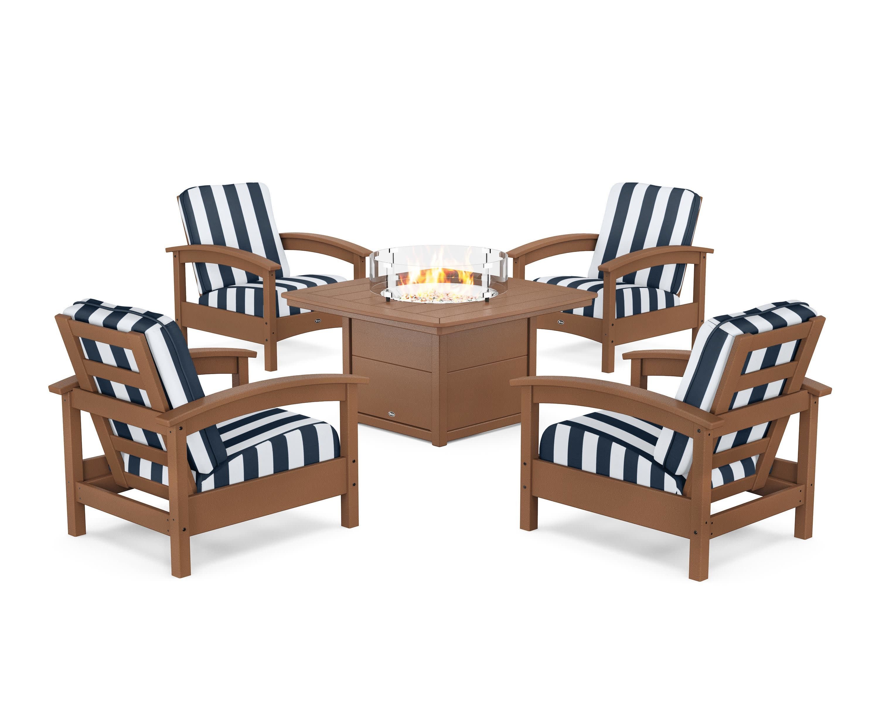 Rockport 5-Piece Deep Seating Set with Yacht Club Fire Pit Table in Tree House / Cabana Stripe Marine Indigo