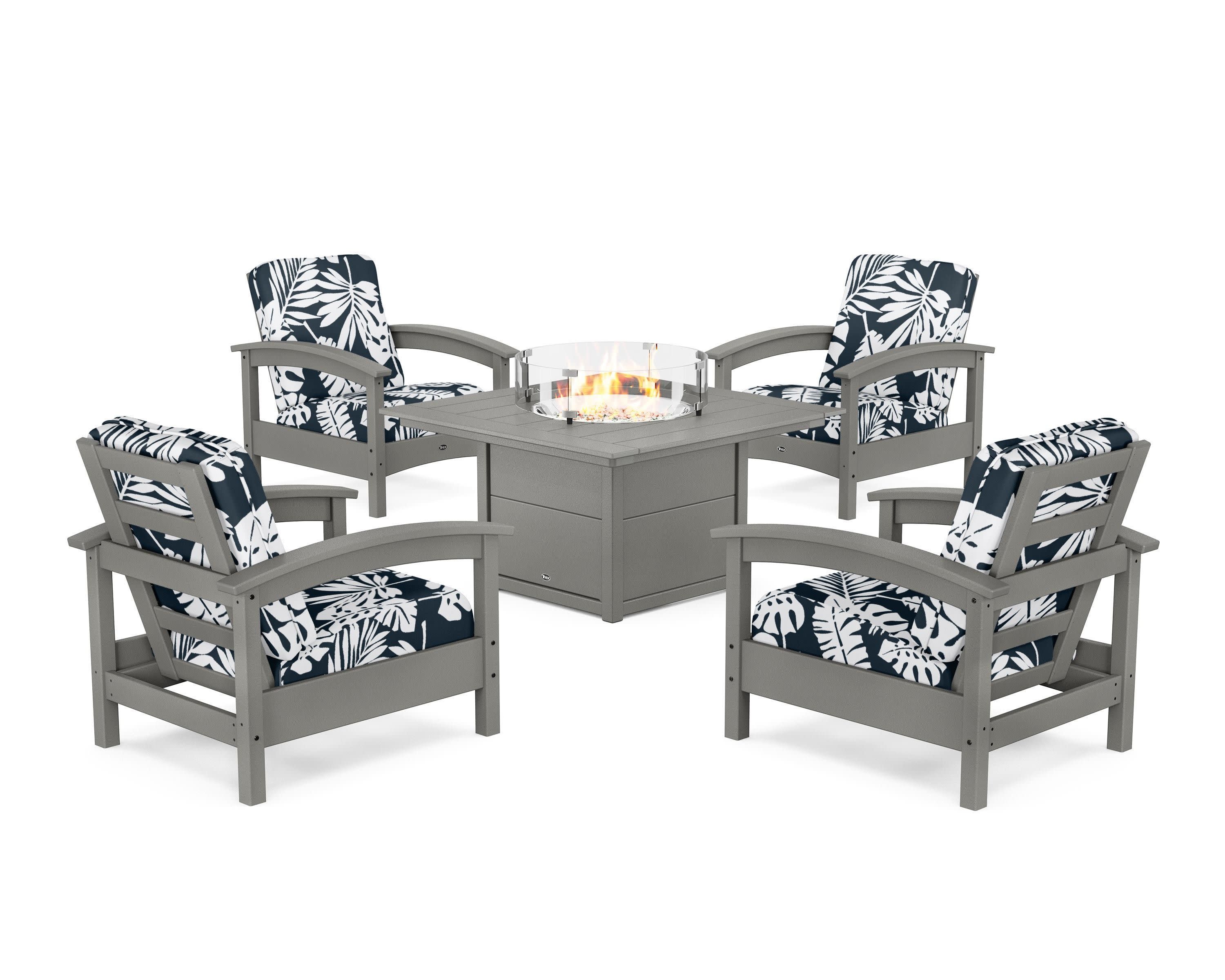 Rockport 5-Piece Deep Seating Set with Square Fire Pit Table in Stepping Stone / Leaf Marine Indigo
