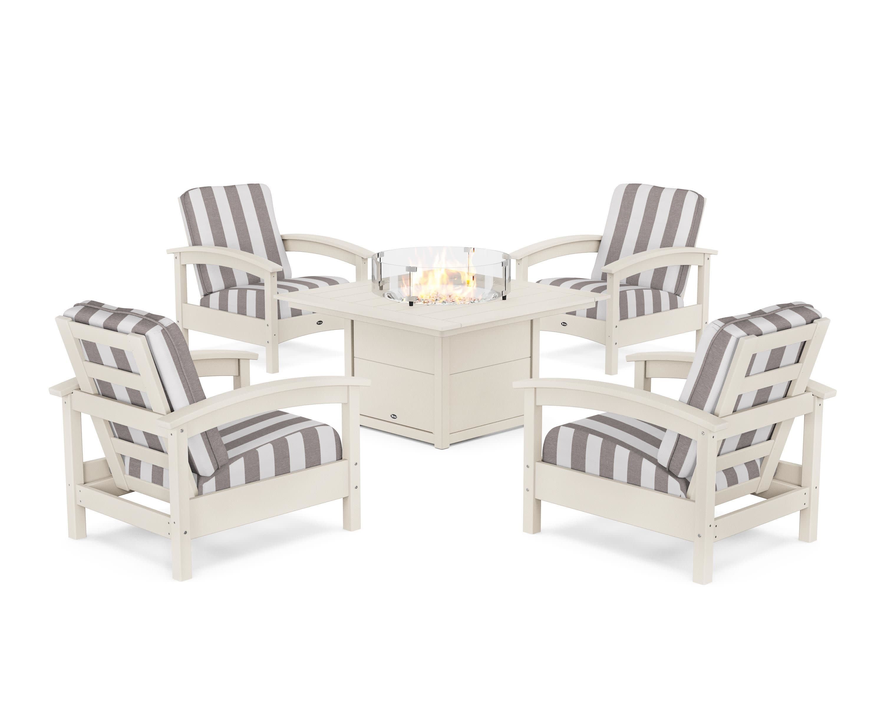 Rockport 5-Piece Deep Seating Set with Square Fire Pit Table in Sand Castle / Cabana Stripe Grey Mist