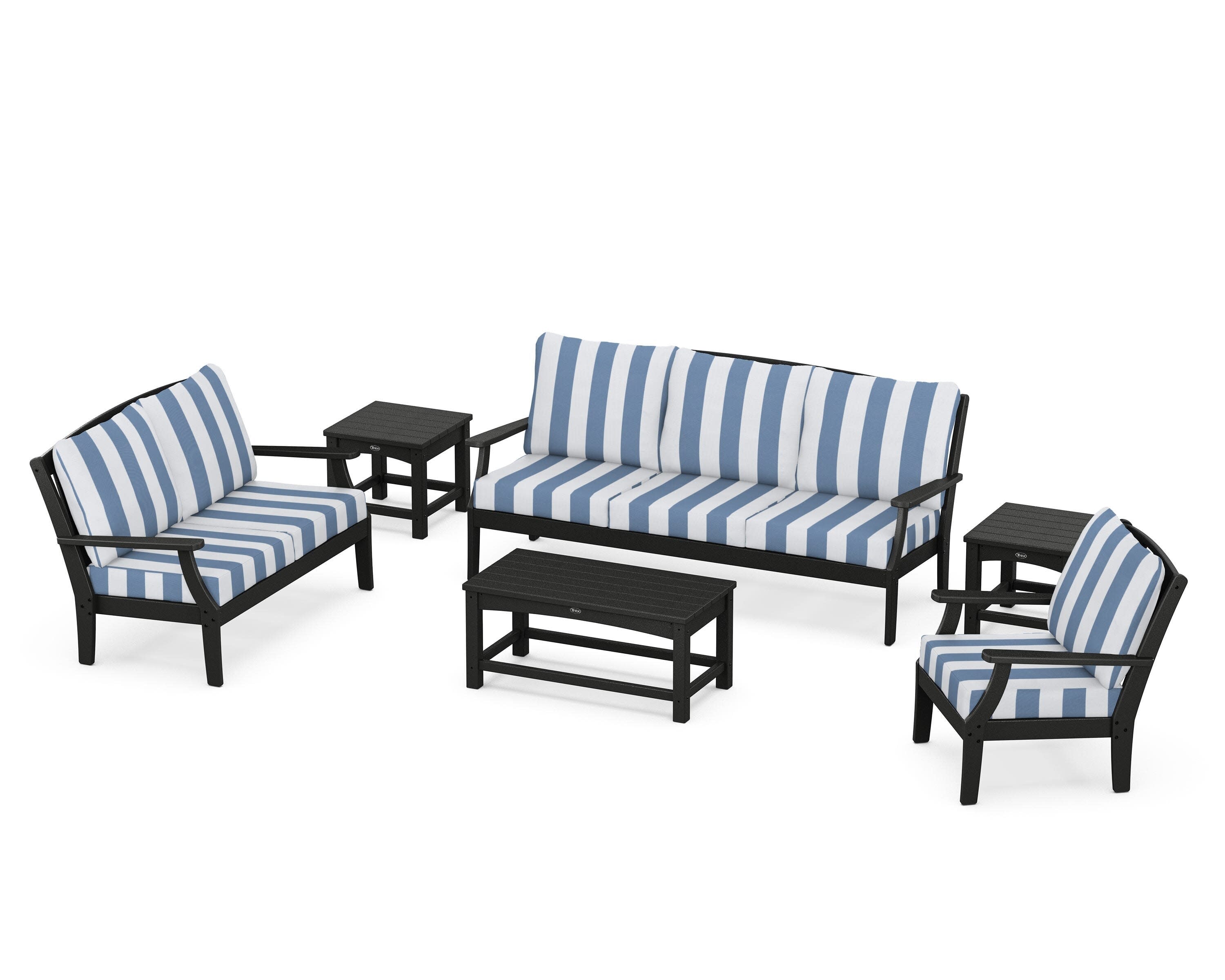 Yacht Club 6-Piece Deep Seating Set in Charcoal Black / Cabana Stripe Sky Blue