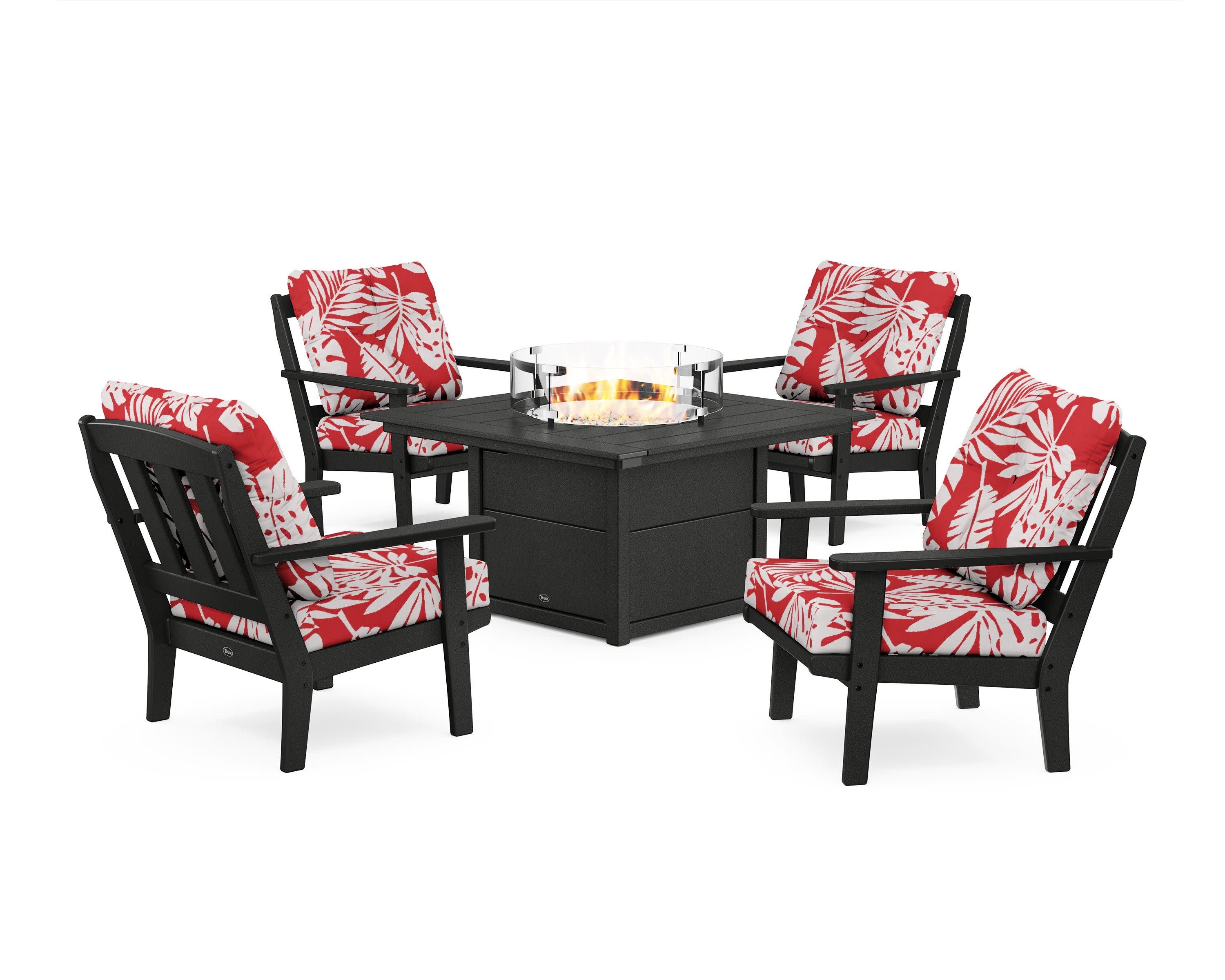 Cape Cod 5-Piece Deep Seating Set with Fire Pit Table in Charcoal Black / Leaf Crimson