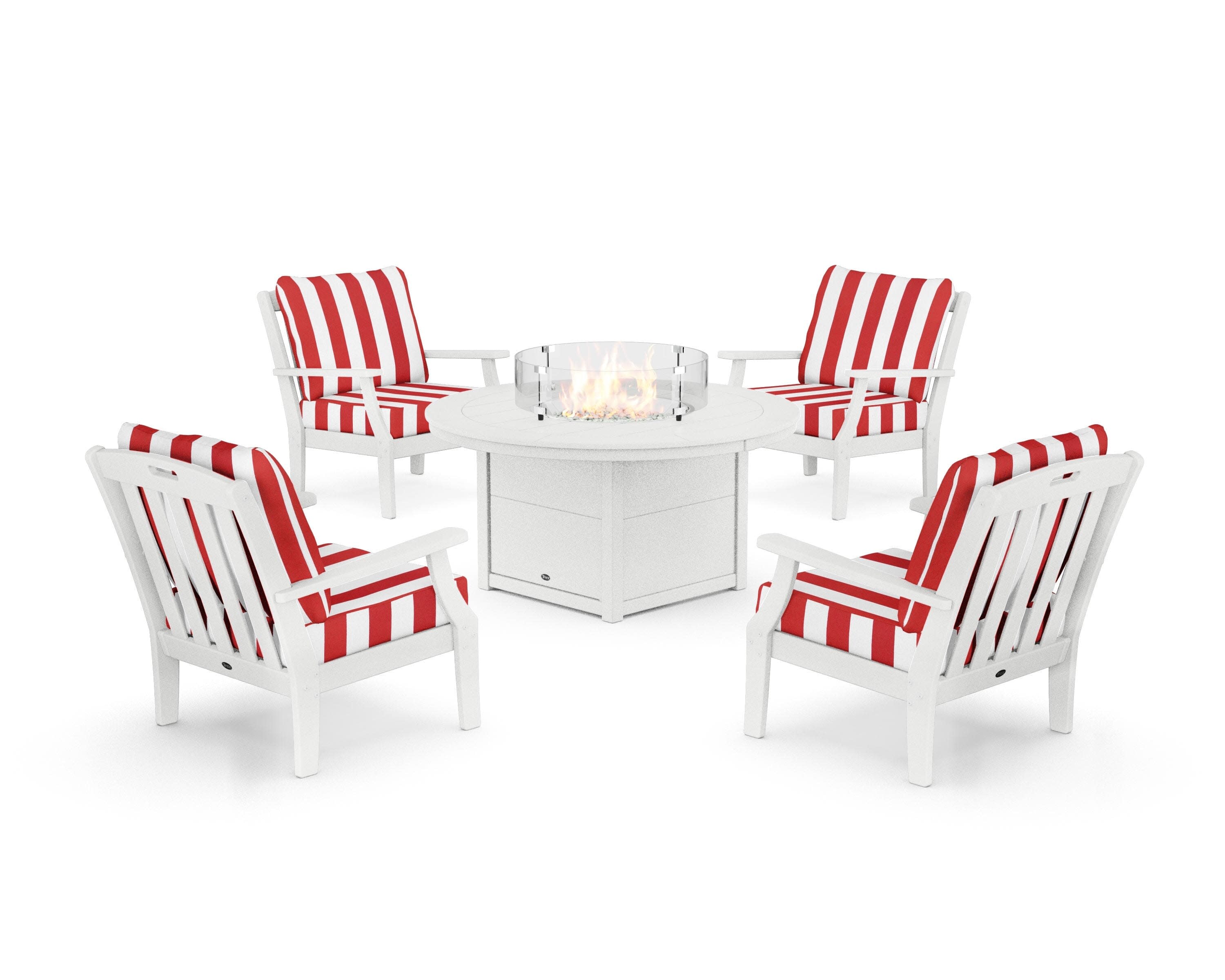 Yacht Club 5-Piece Deep Seating Set with Round Fire Pit Table in Classic White / Cabana Stripe Crimson