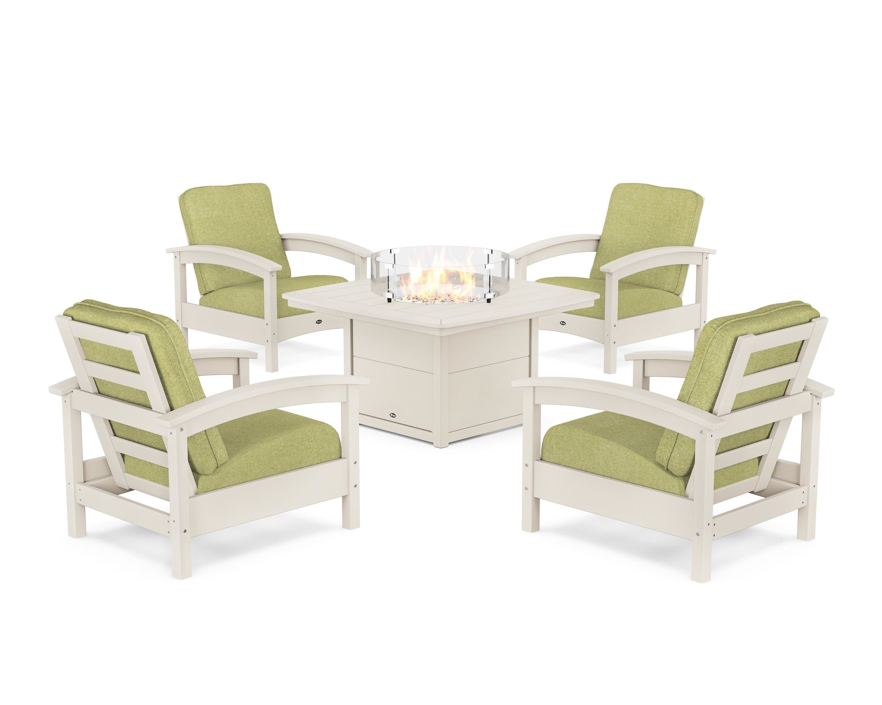 Rockport 5-Piece Deep Seating Set with Yacht Club Fire Pit Table in Sand Castle / Chartreuse Boucle