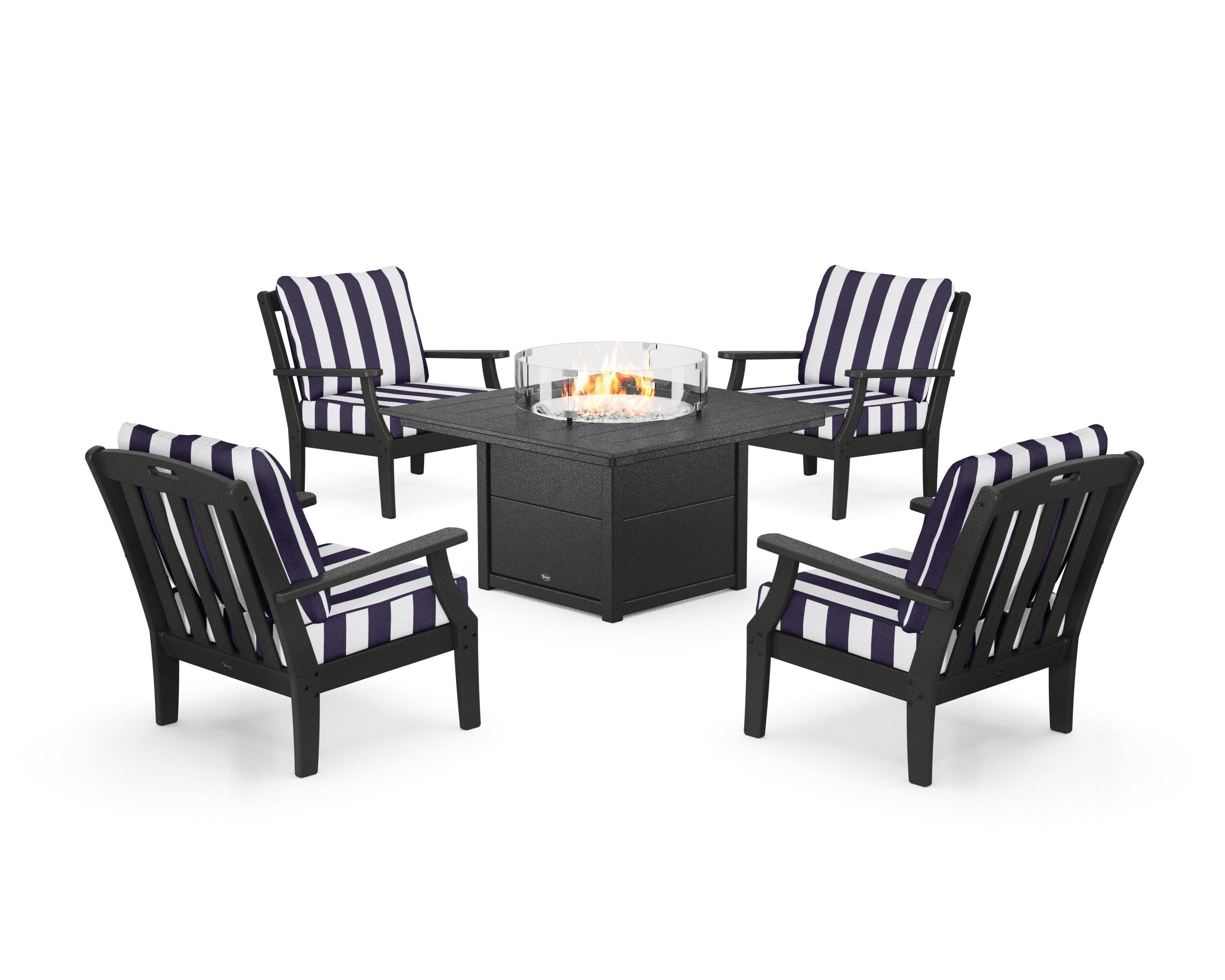 Yacht Club 5-Piece Deep Seating Set with Square Fire Pit Table in Charcoal Black / Cabana Stripe Navy
