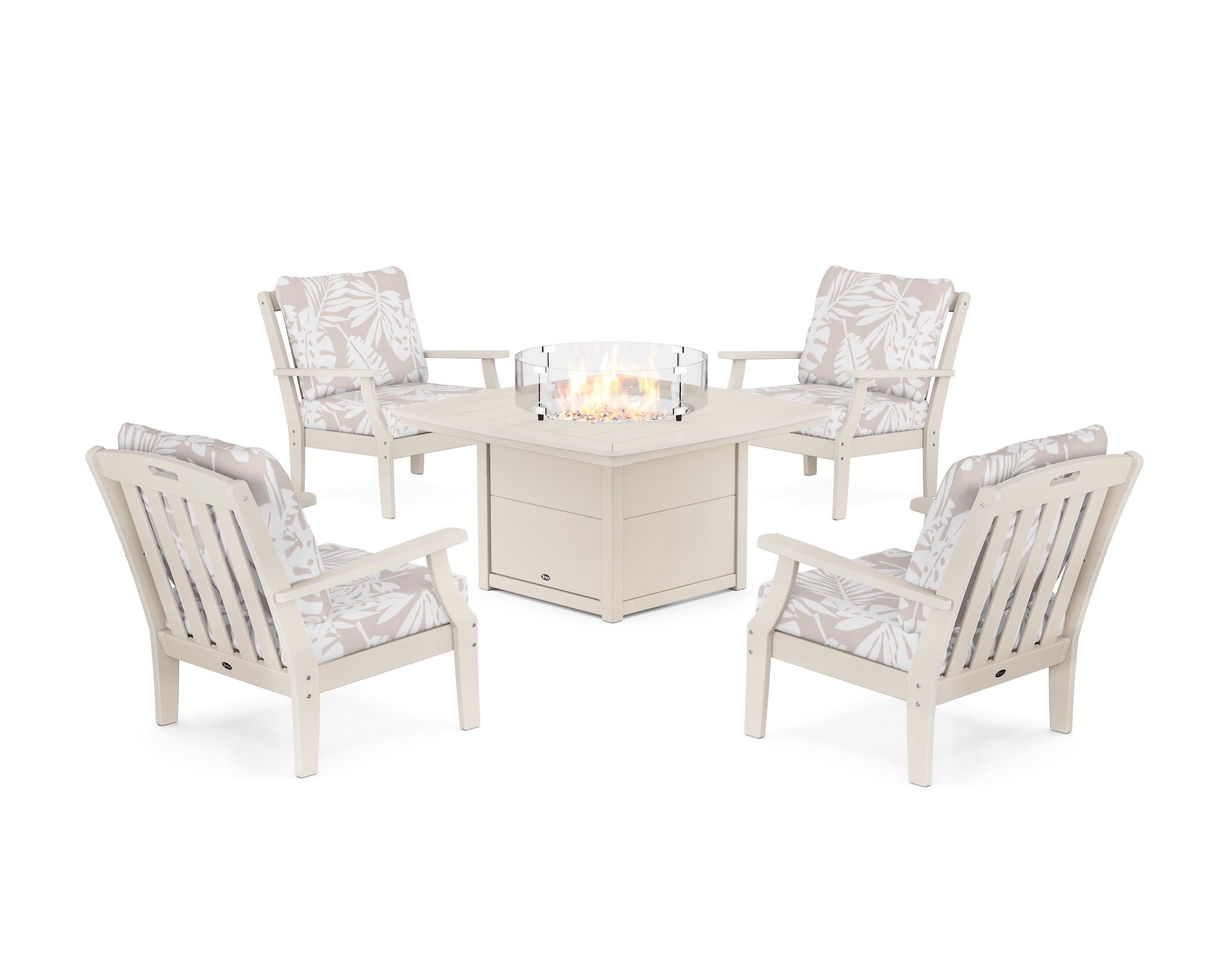 Yacht Club 5-Piece Deep Seating Set with Fire Pit Table in Sand Castle / Leaf Dune Burlap
