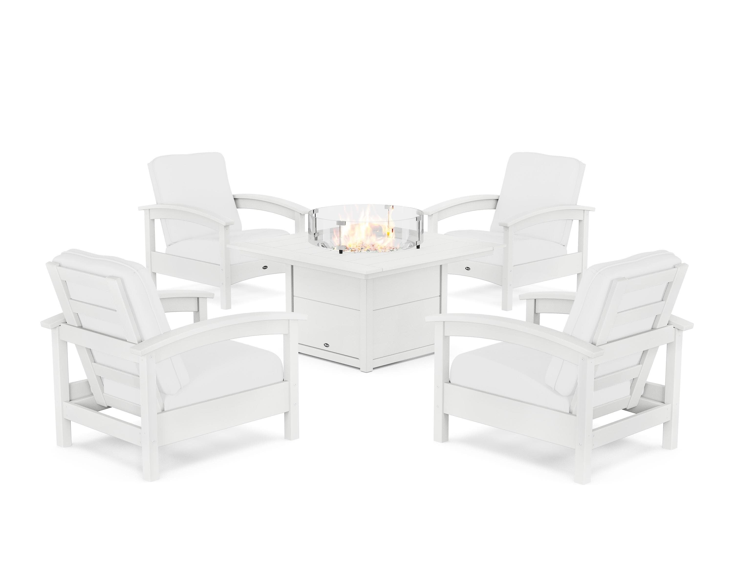 Rockport 5-Piece Deep Seating Set with Square Fire Pit Table in Classic White / Natural