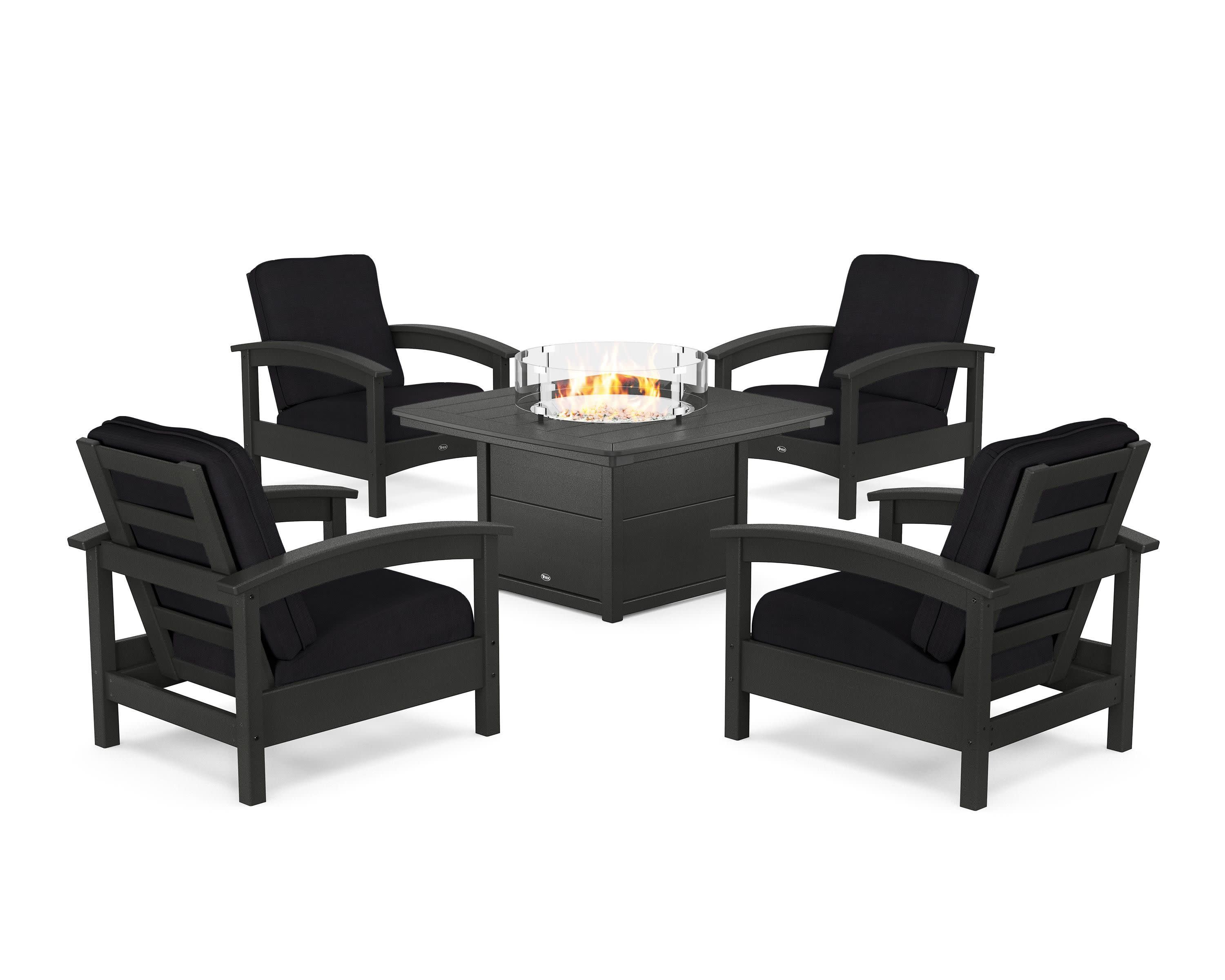 Rockport 5-Piece Deep Seating Set with Yacht Club Fire Pit Table in Charcoal Black / Midnight Linen