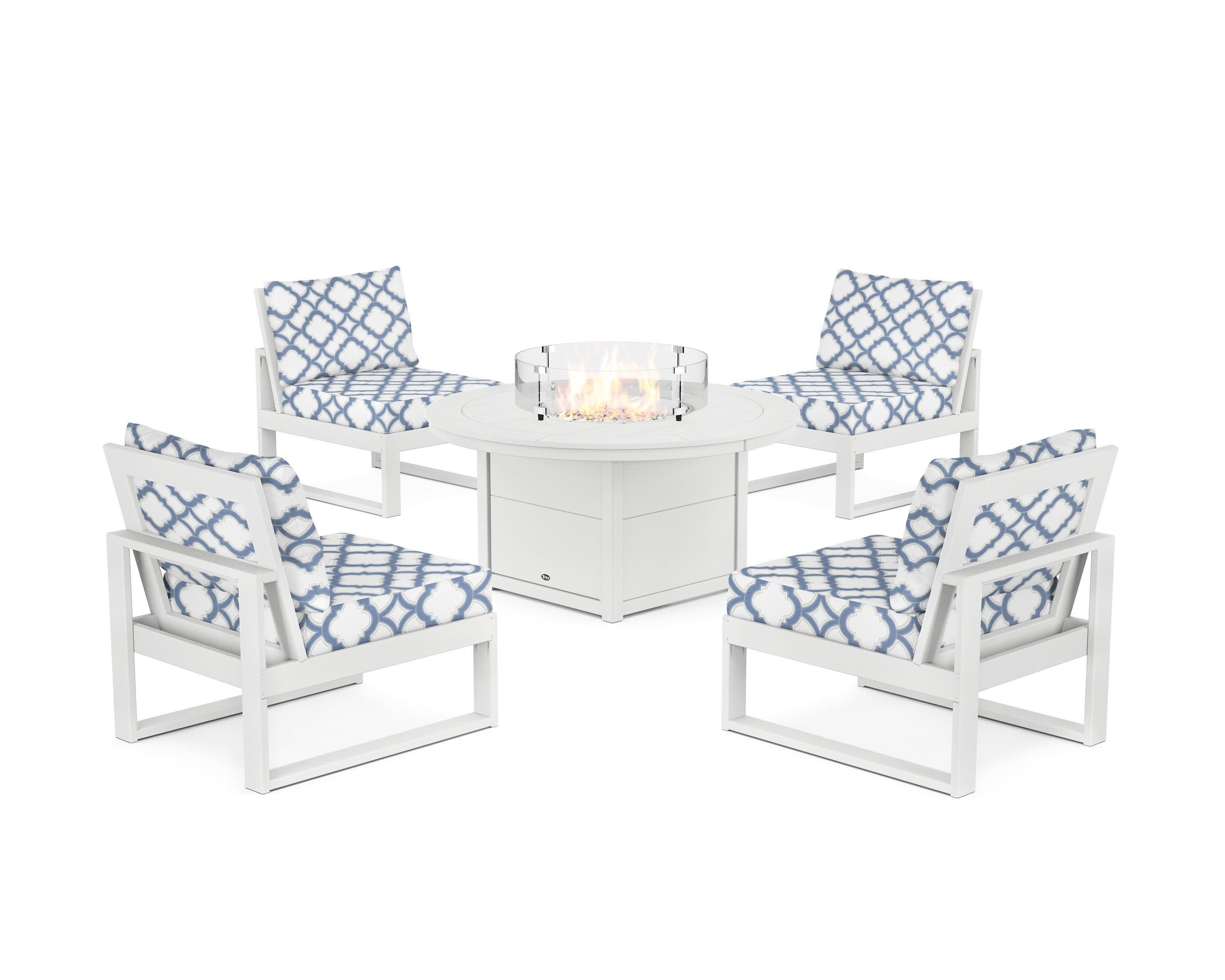 Eastport Modular 5-Piece Deep Seating Set with Round Fire Pit Table in Classic White / Trellis Sky Blue