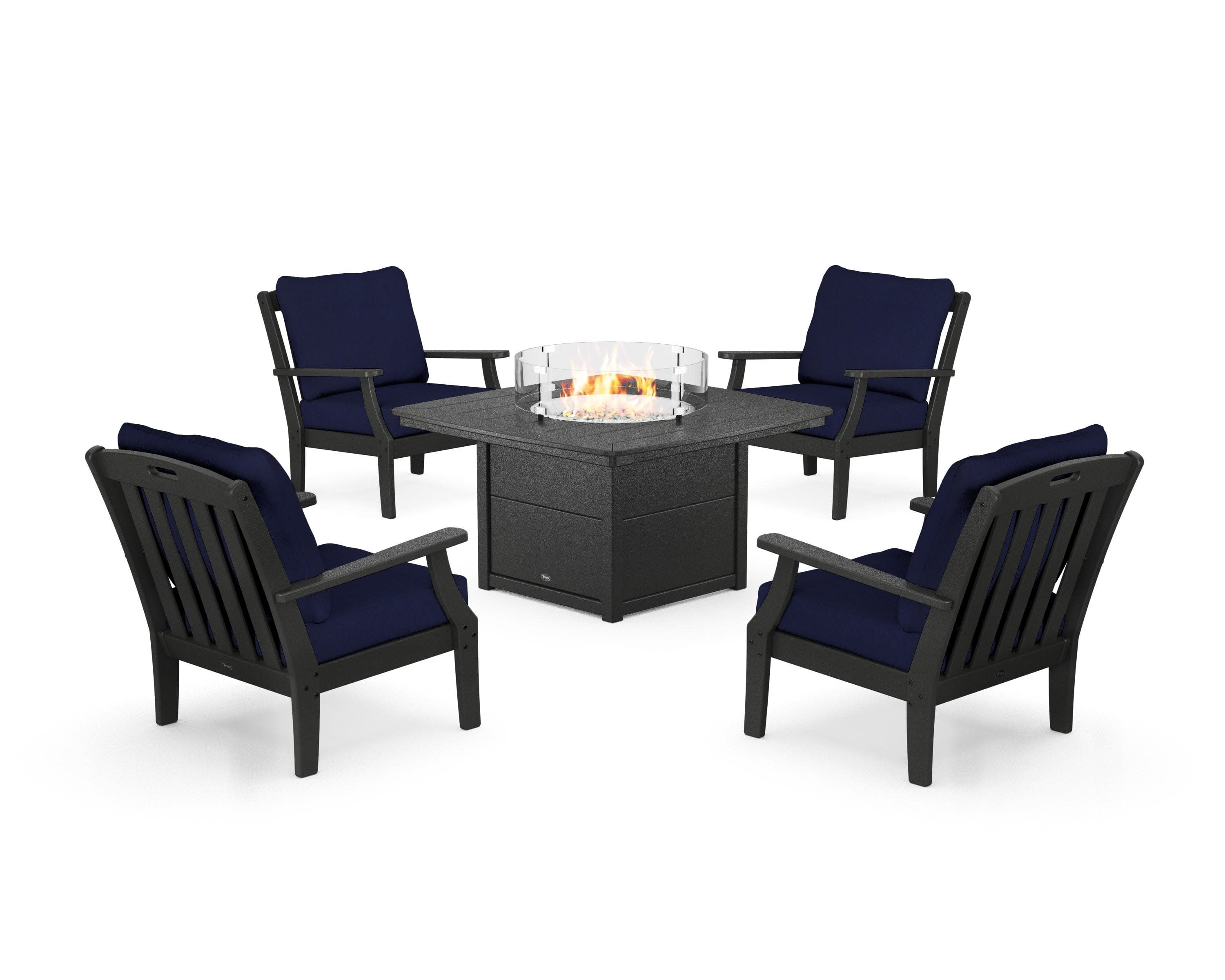 Yacht Club 5-Piece Deep Seating Set with Fire Pit Table in Charcoal Black / Navy