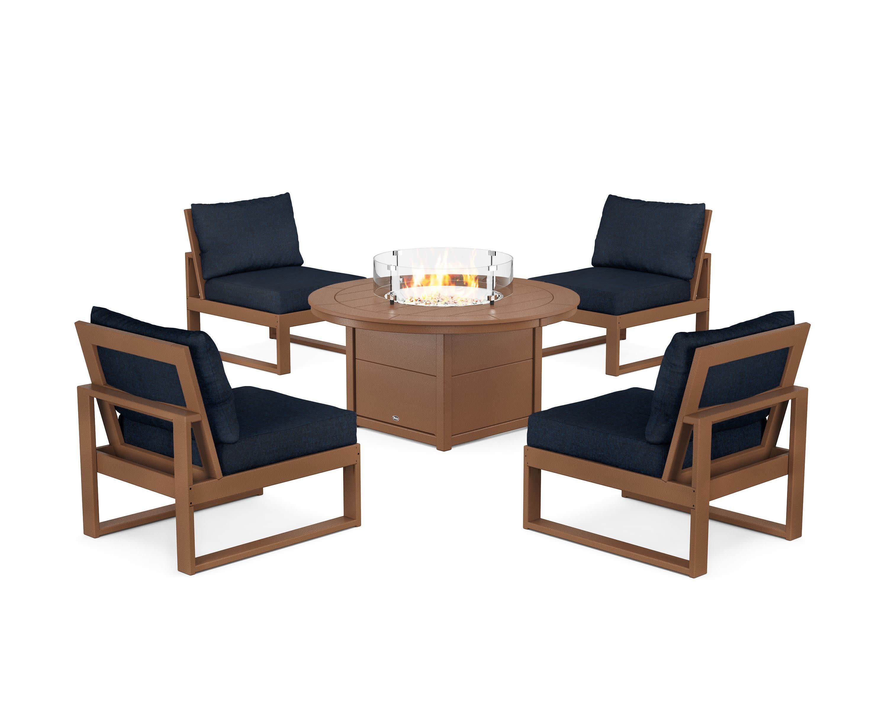Eastport Modular 5-Piece Deep Seating Set with Round Fire Pit Table in Tree House / Marine Indigo