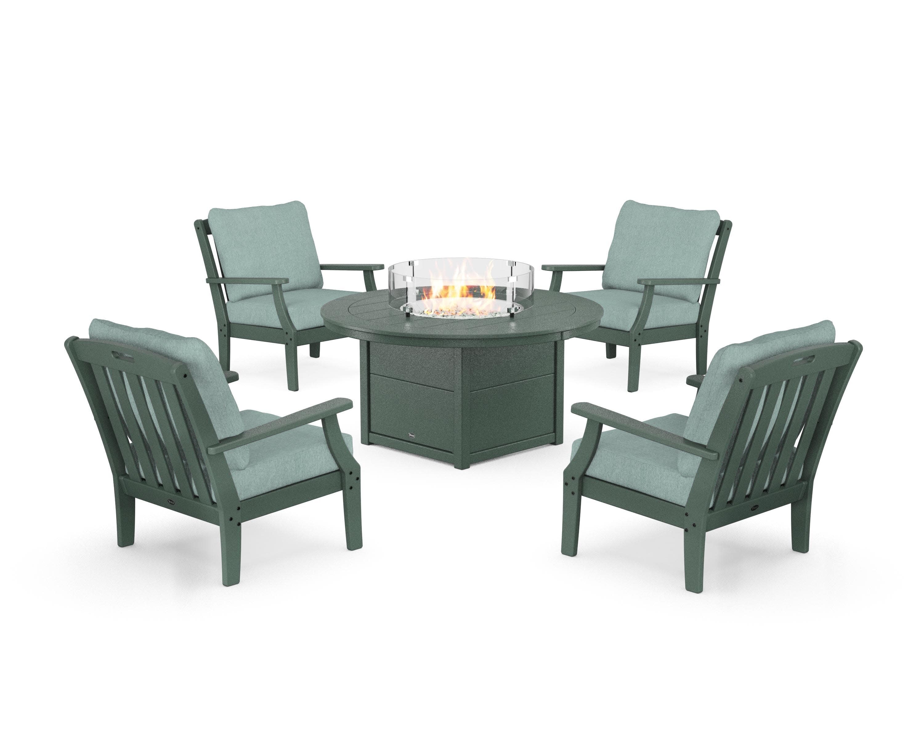 Yacht Club 5-Piece Deep Seating Set with Round Fire Pit Table in Rainforest Canopy / Glacier Spa