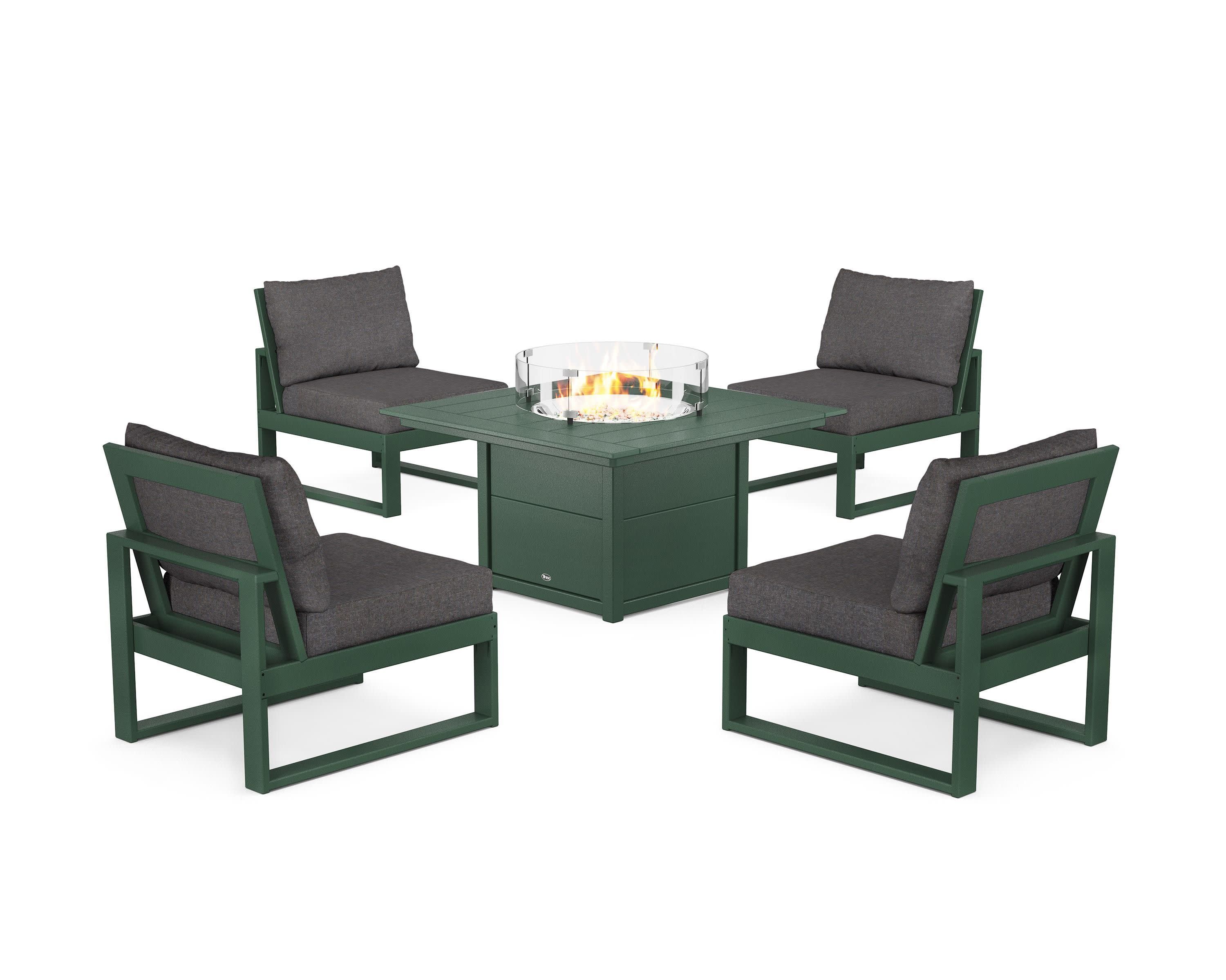 Eastport Modular 5-Piece Deep Seating Set with Square Fire Pit Table in Rainforest Canopy / Ash Charcoal