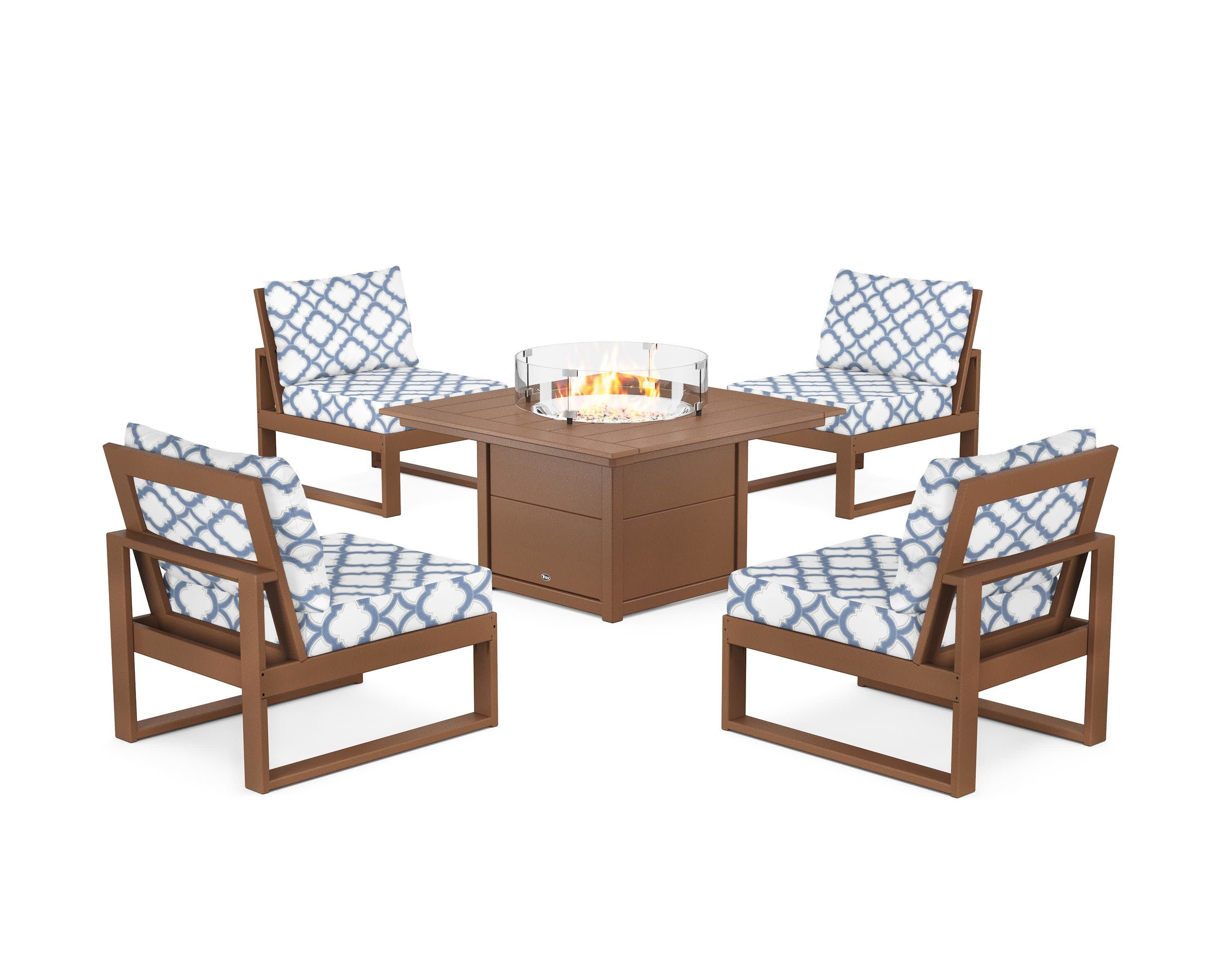 Eastport Modular 5-Piece Deep Seating Set with Square Fire Pit Table in Tree House / Trellis Sky Blue