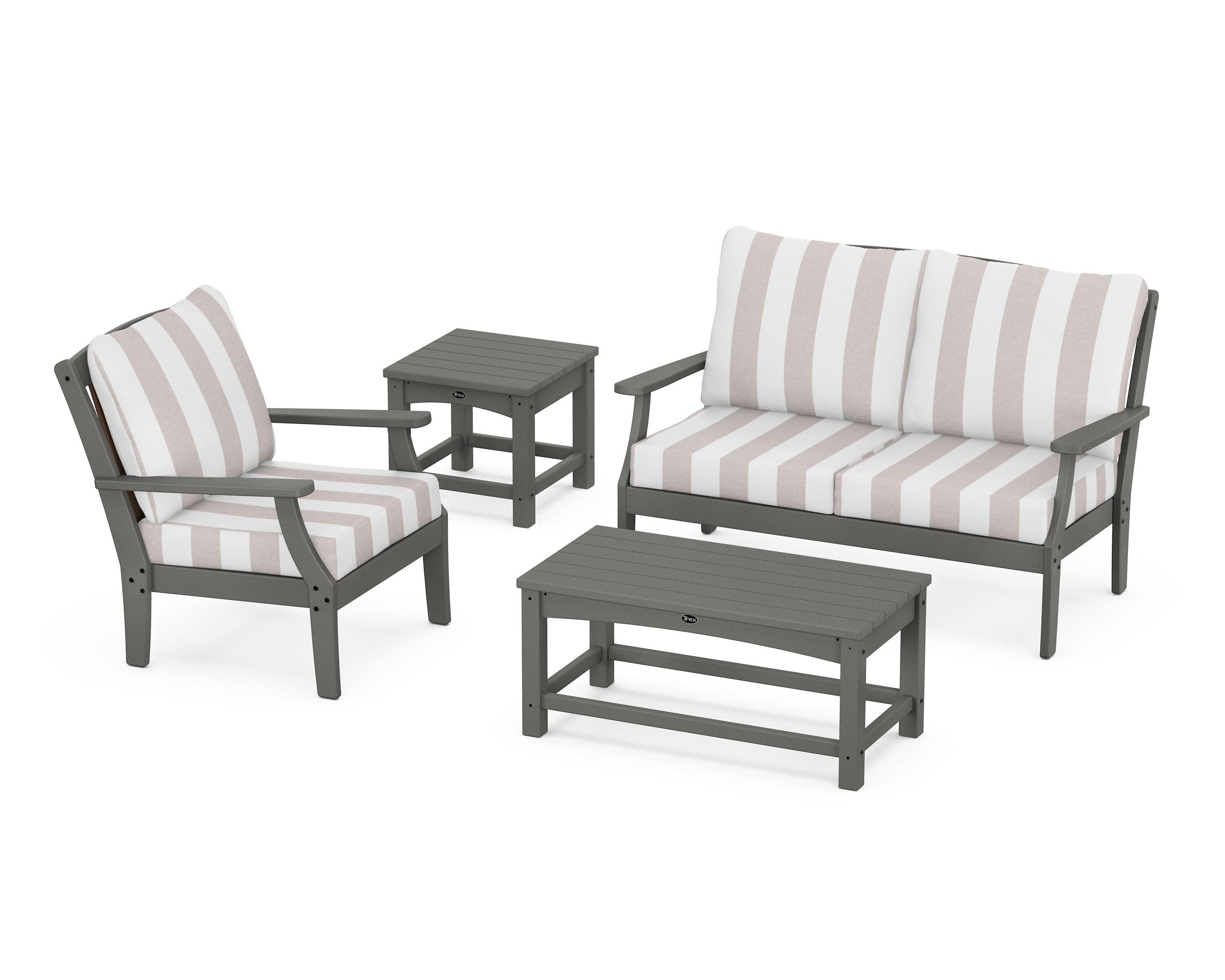 Yacht Club 4-Piece Deep Seating Set in Stepping Stone / Cabana Stripe Dune Burlap